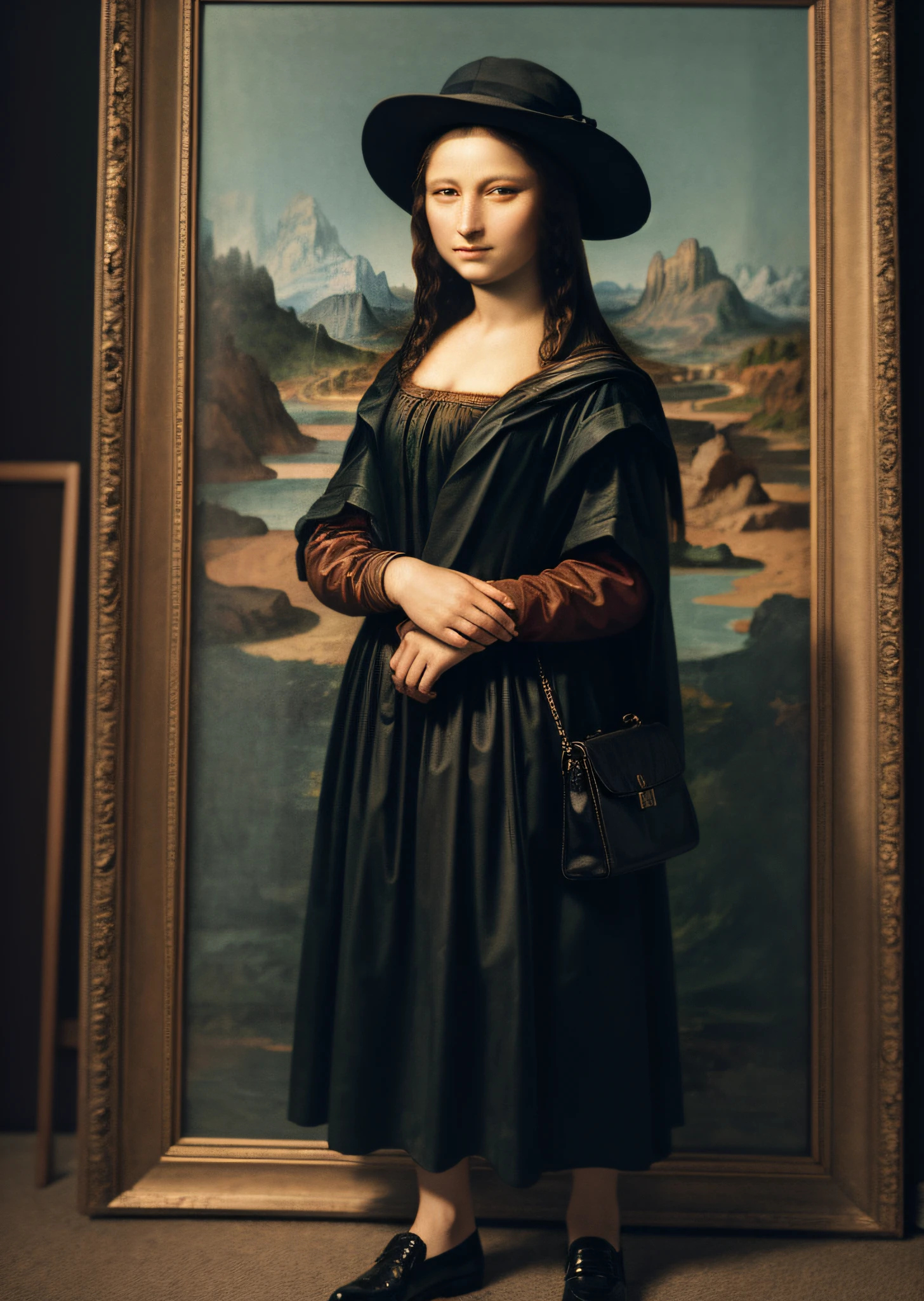 Mona Lisa in prison uniform, rebel, a man in a hat standing behind her, gentle expression, full body portrait, shoes, catwalk, masterpiece, highest quality, high quality, highly detailed CG unit 8k wallpaper, award winning photo, bokeh, depth of field, HDR, flood, chromatic aberration, realistic, very detailed, art station trend, CGsociety trend, complex, high detail, dramatic, midway art, volumetric lighting