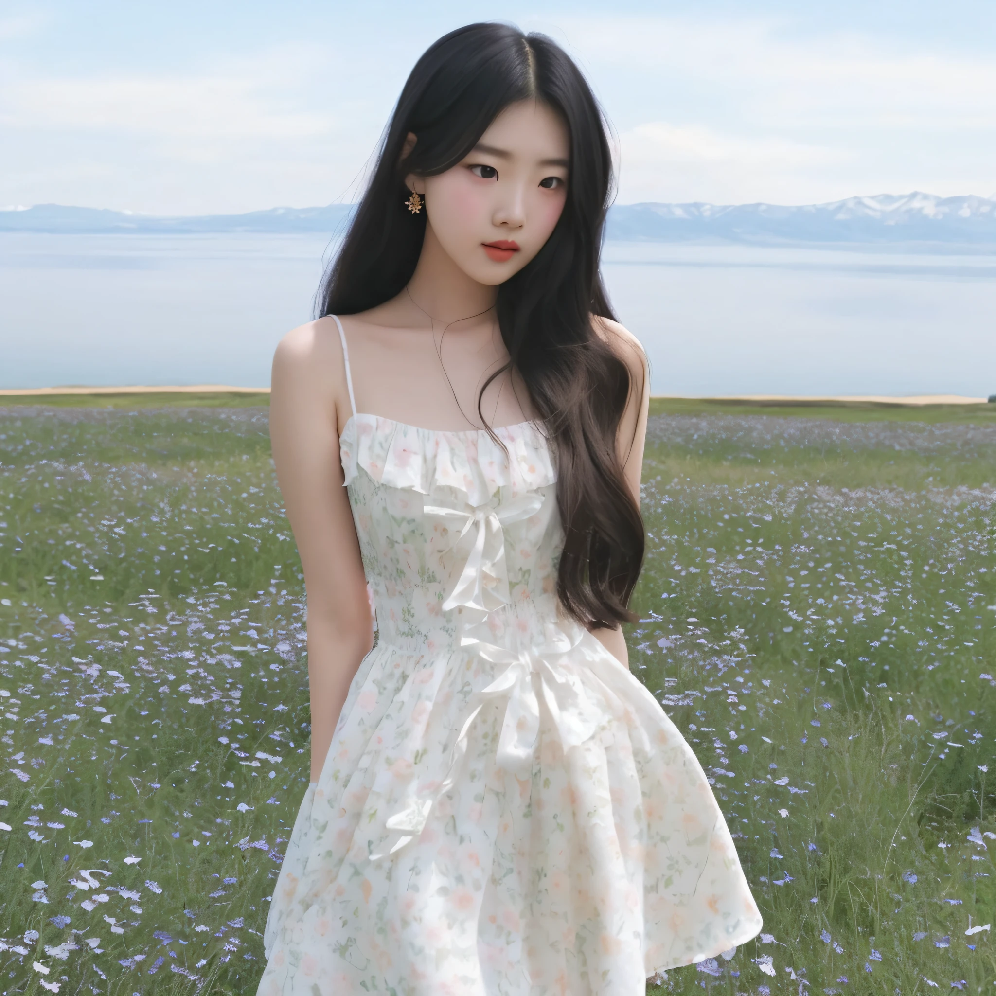 araffe woman in a white dress standing in a field of flowers, romantic dress, ulzzang, wearing in a summer dress, loli in dress, summer dress, jinyoung shin, cute dress, rococo dress, korean women's fashion model, belle delphine, dreamy and ethereal, bae suzy, kim doyoung, ethereal and dreamy