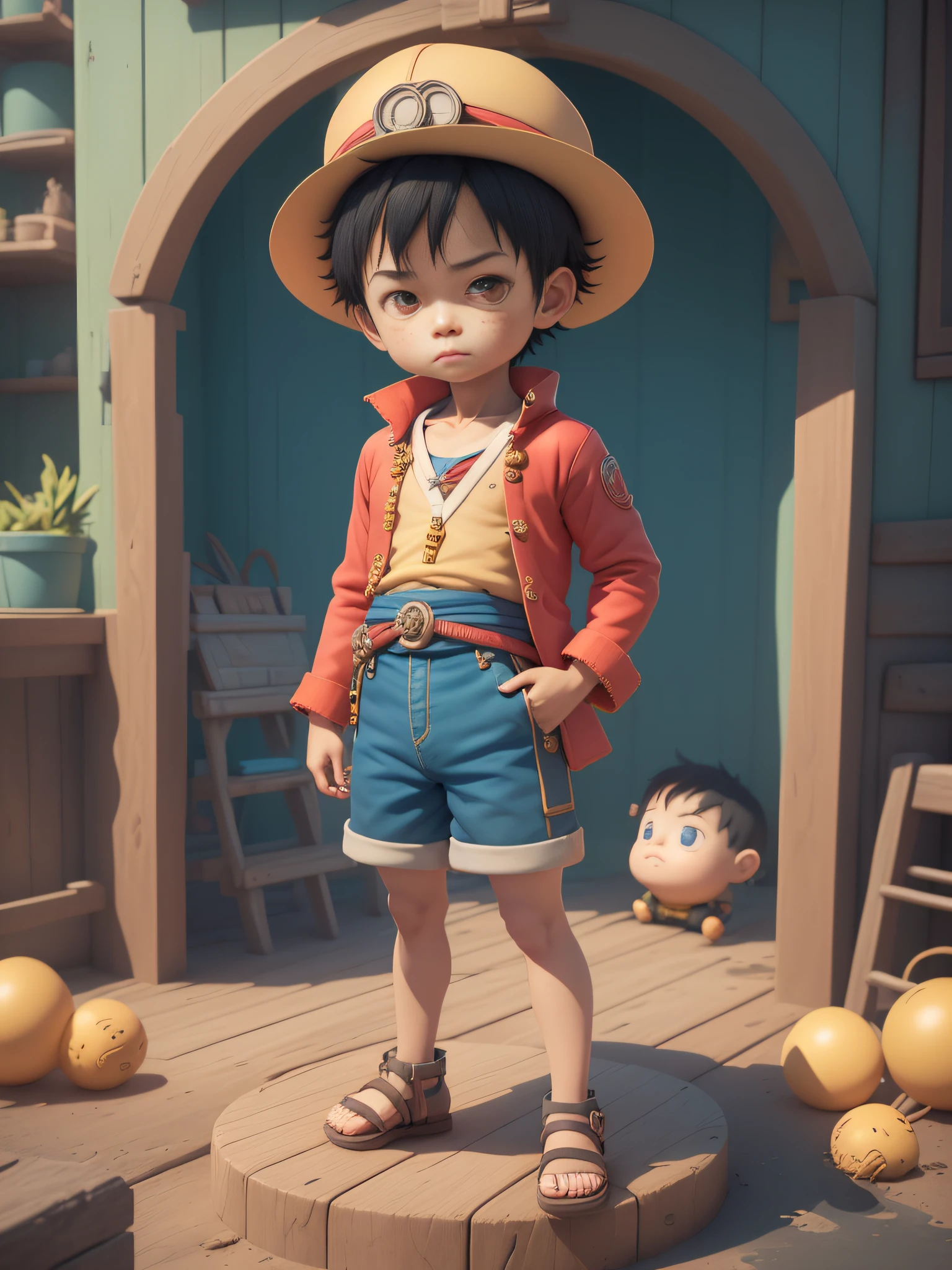 cute 3d render, cute detailed digital art, male explorer mini cute boy, cute digital painting, stylized 3d render, cute digital art, cute render 3d anime boy, luffy the little pirate looks up, cute! c4d, portrait anime sea pirate boy, ((he is wearing an open long-sleeved red cardigan with four buttons, with a yellow sash tied around his waist, blue shorts with cuffs, sandals)), ((standing in a pirate ship)).