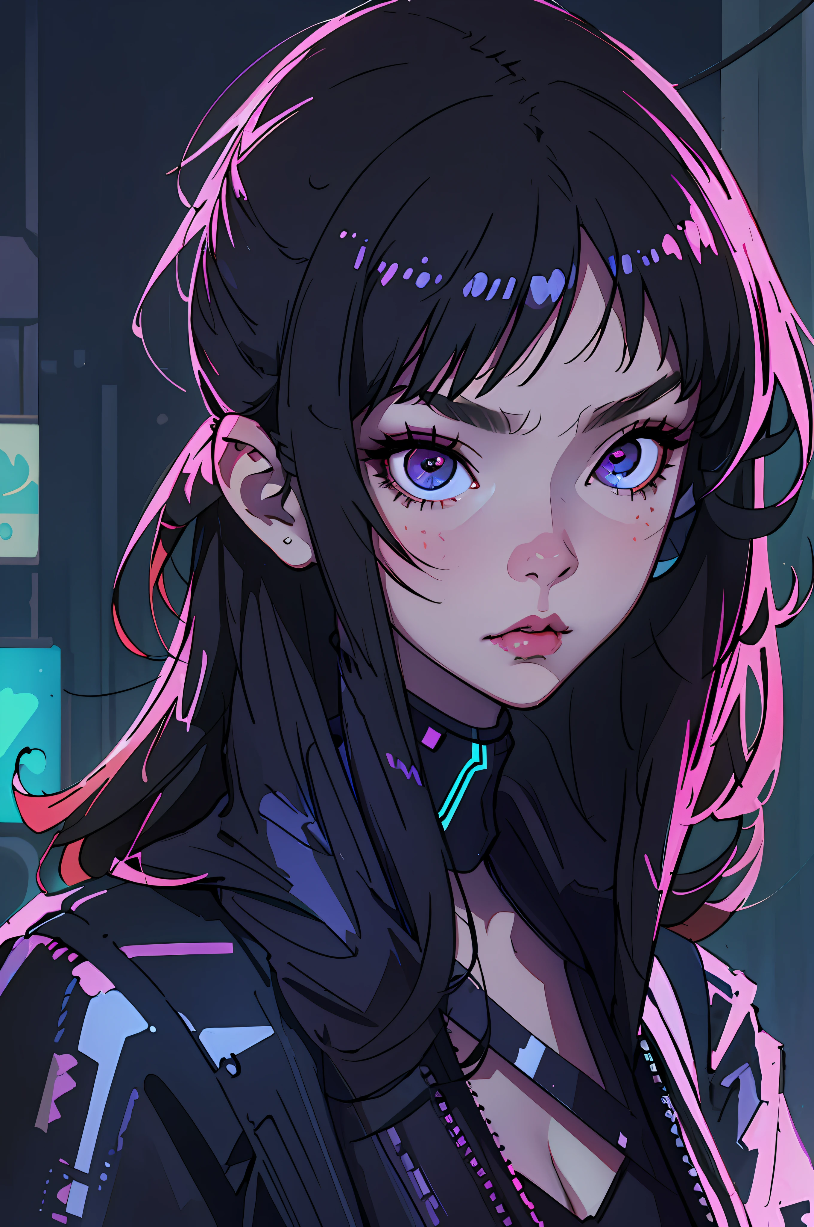 (best quality, masterpiece1.2), (detailed eye:1.2), complex detail, depth of field, 1girl, city, cyberpunk, neon, neon lights, night, moon,