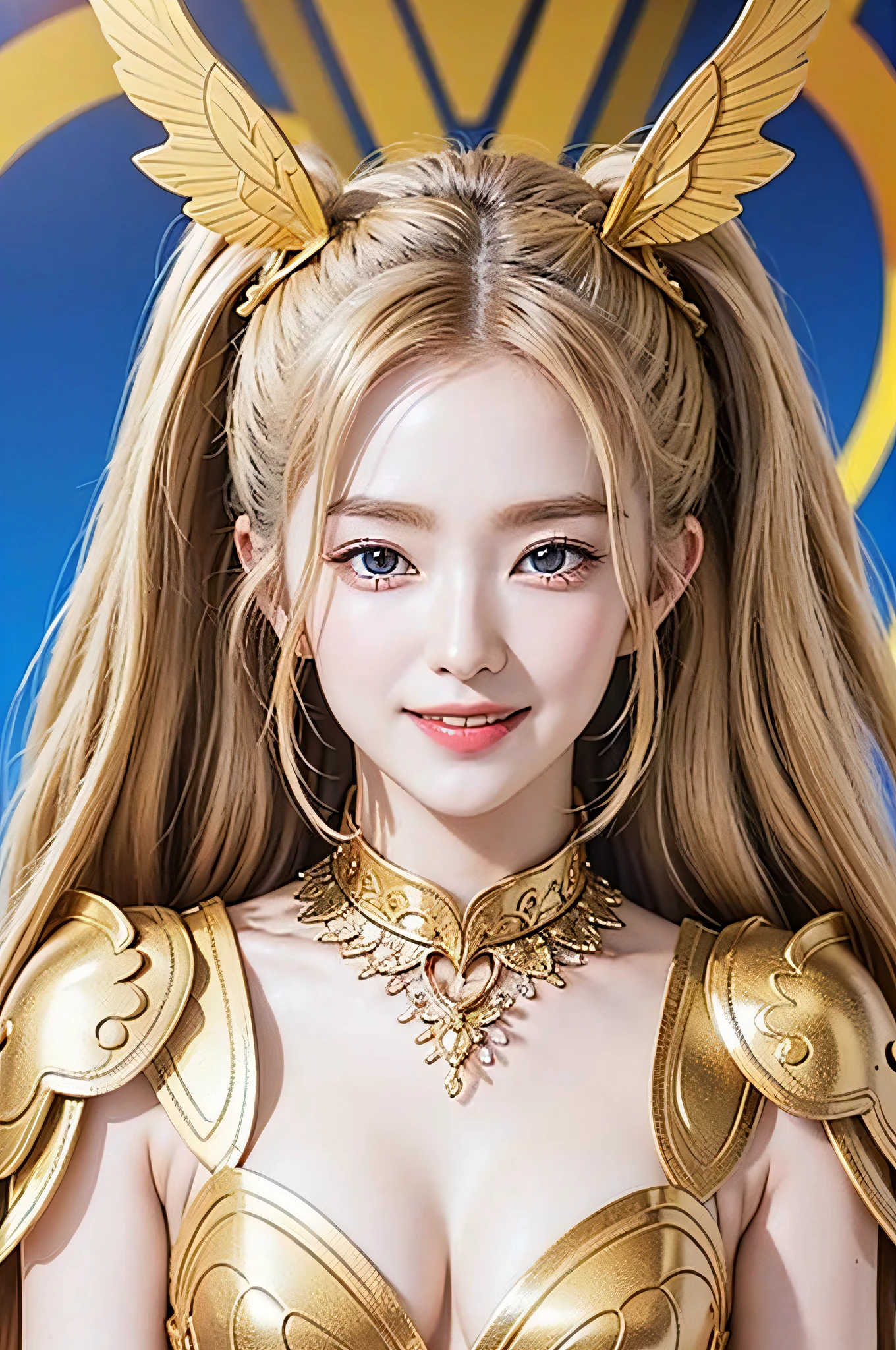 Golden armor, long blonde hair, golden pupils, golden light background, golden transparent wings, smiling, two dots on the forehead, one blue and one red, flashing notes around, maiden