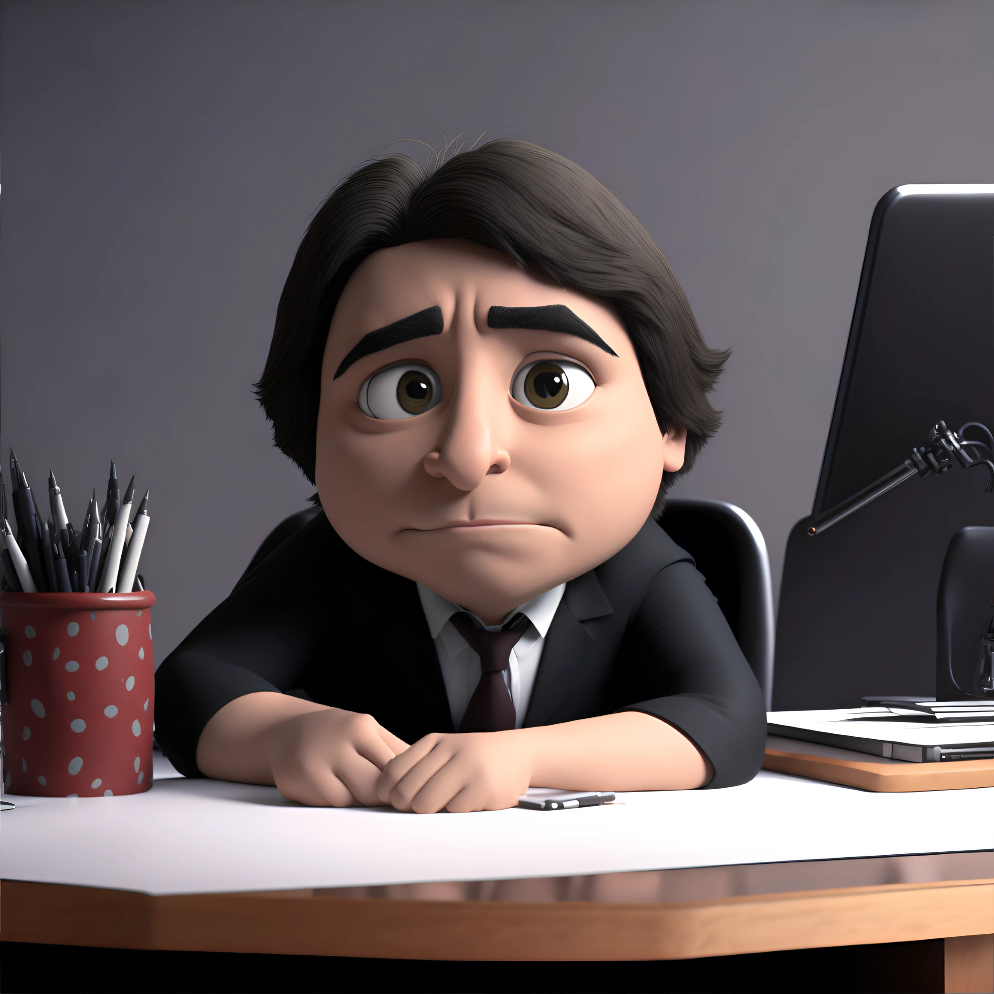 cartoon man in suit sitting at a desk with a computer, pouty look :: octane render, render in pixar, animated still, he is sad, animation still, animated movie still, animated film still, with a sad expression, sad man, pixar renderman render, animation character, alejandro, animation film still, sitting at his desk, 3d render”