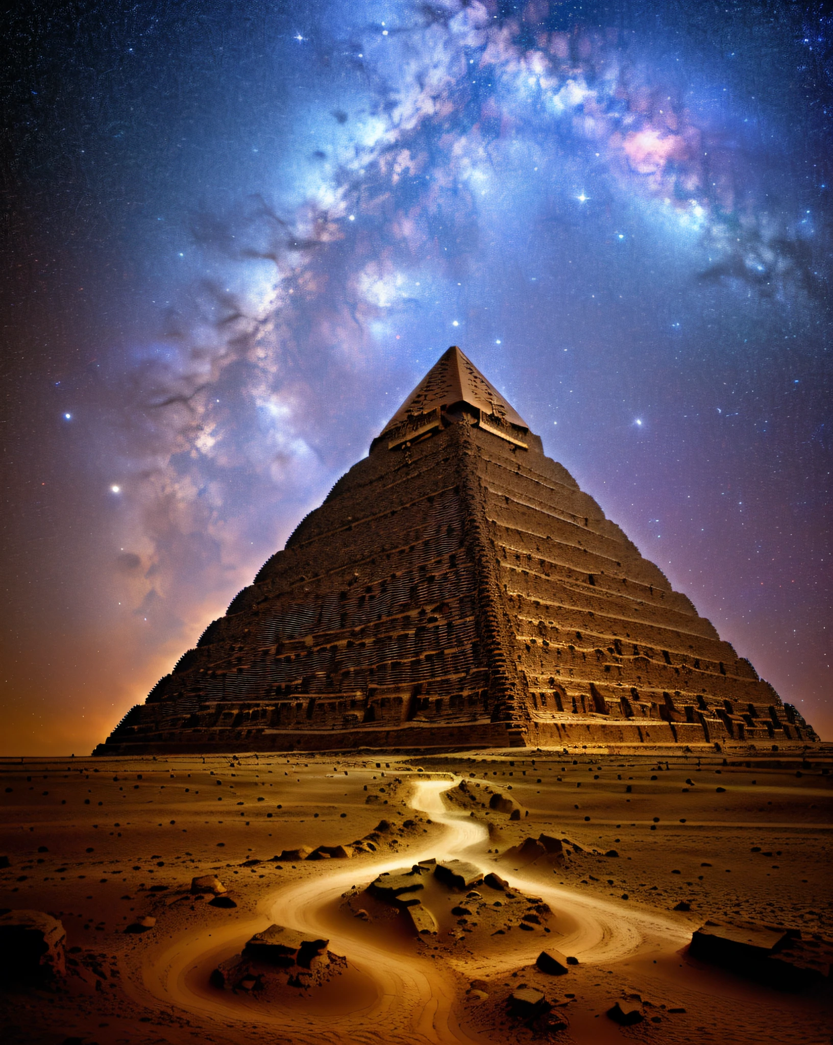 An ancient pyramid floating in an infinite universe. The pyramid is sparsely populated with stars. masterpiece, sharp, ultra detail, 8k,cyberspace soldier, angle view, top quality, dim, (high detail background:1.2),(high detail characters:1.2), dslr, soft lighting, high quality, film grain, fujifilm xt3, intricate detail,