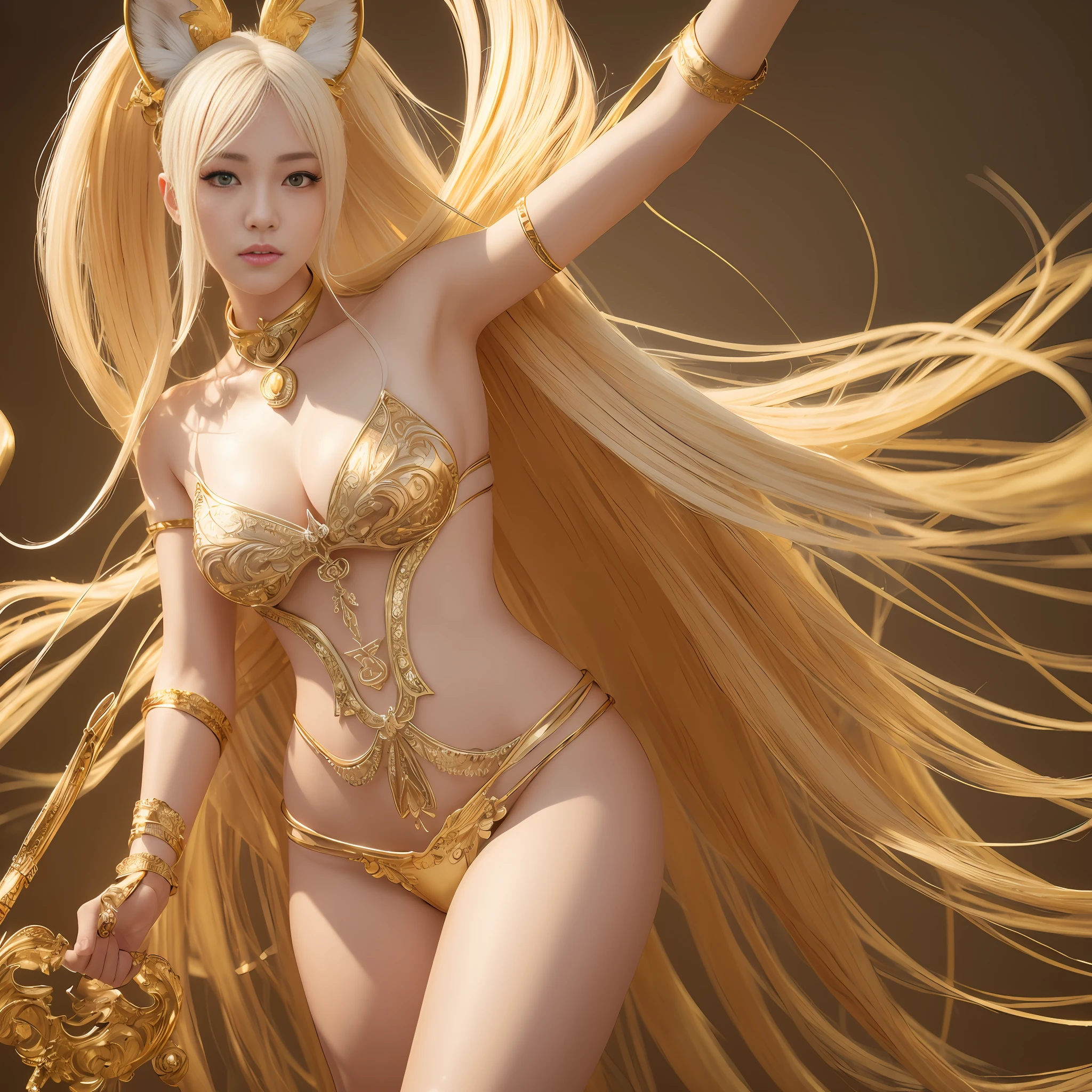 Korean, masterpiece, best quality, high quality, extremely detailed CG unity 8k wallpaper, (realistic, Photo real: 1.3), (RAW photo: 1.2), Woman body set medium breasts, exposed breasts, full and natural breasts, crisp breasts, tender white complexion, straight buttocks, (transparent tong), surreal, 8K, original photo, film grain, super high resolution, super detail, tall, very clear face, slender long legs, a pair of snow-white slender beautiful legs, like ivory carved jade legs, perfect proportion and length, stunning face, melon seed face, qiong nose cherry lips, eyebrows picturesque, amorous, charming, slender and slender waist, close-up of a woman in gold and white clothing, super detailed rendering, 3 D rendering character art 8 K, complex white and gold armor, full samurai armor fox, high detail iconic character, 8K rendering, octane rendering, octane rendering, super detail octane rendering, super detailed octane rendering, super detailed 3 d rendering, futuristic style fox demon --auto --s2