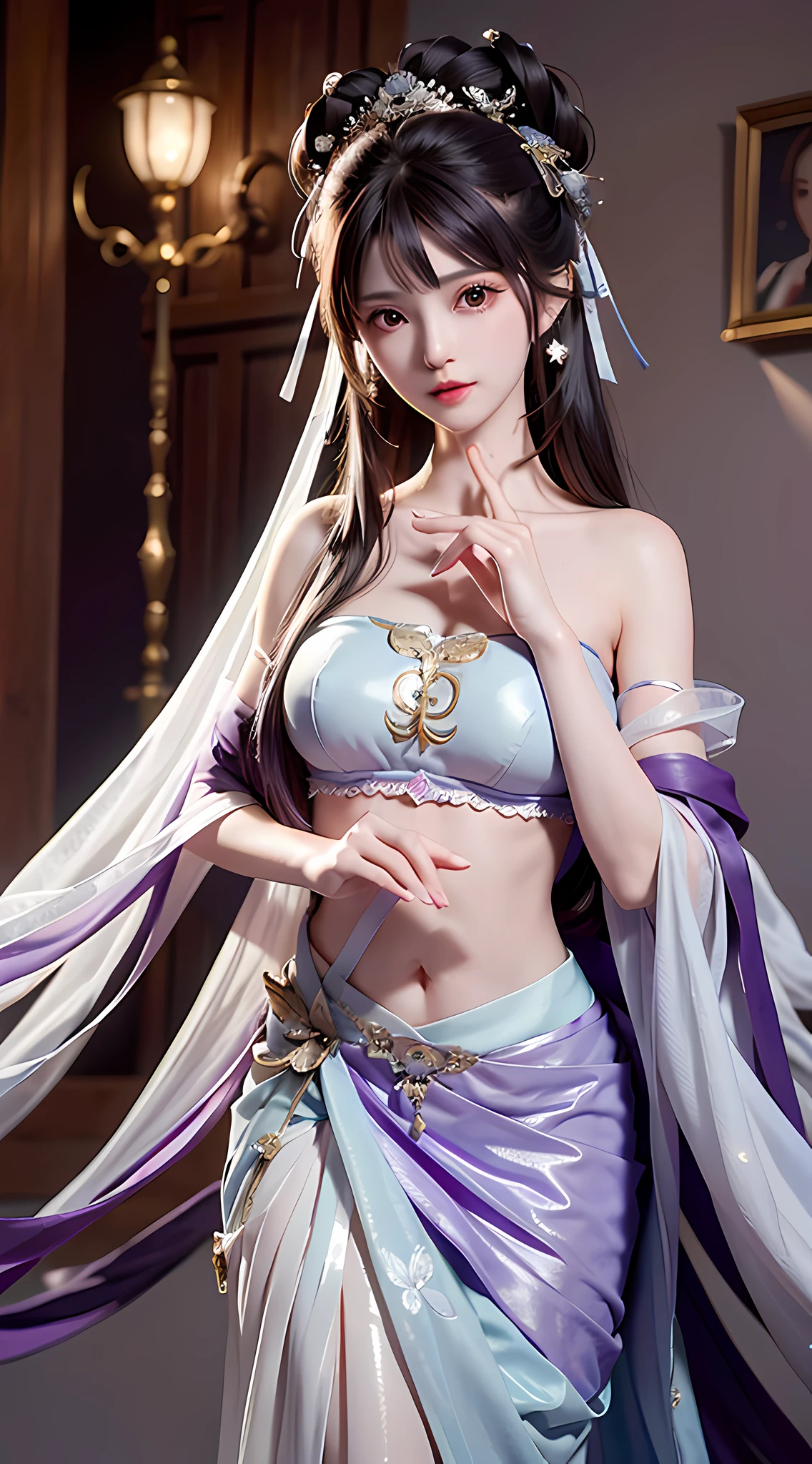 Bust photo, a beautiful woman, messy hair, girly, symmetrical bun, hair accessories, jewelry, delicate face, eye shadow, purple top, purple, purple, crop navel, purple long skirt, Dunhuang style, delicate embroidery, silver decoration, silver streamer, white streamer, light blue streamer, delicate skin, soft light effect, delicate and smooth hair, delicate details, eye highlights, fair skin, fine portrayal, extreme details, cinematic quality, thin, slender, broken, hair details, thin bangs, shawl hair, right body, shadow, air bangs, 8K, super fine, fine fabric texture, soft, smooth, smooth texture, Dunhuang style, delicate pattern, correct hand painting, anatomy correct, accurate, night, dark night, lighting, Tyndall effect, ray tracing, HUD,