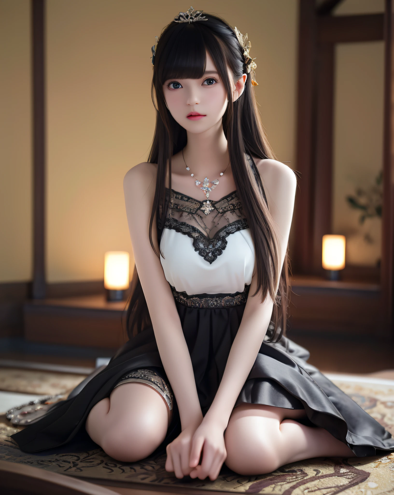 8K, (original) , (very detailed wallpaper) , (best quality) , (masterpiece) , photographic reality, realistic, very detailed illustrations, best illumination, best shadow, an extremely delicate and beautiful, Epic Light and Shadow, panorama, very wide shot, dynamic angle, dynamic pose, half body,
medieval, ornate bedroom, canopy bed, crystal, silk, lace, wind, night, moonlight, lit candle,
1girl, beatiful detailed eyes and face, sitting on bed, arm support, black ornate dress, translucent dress, short hair, messy hair, crystal ornament, prefect body, crystal necklace,