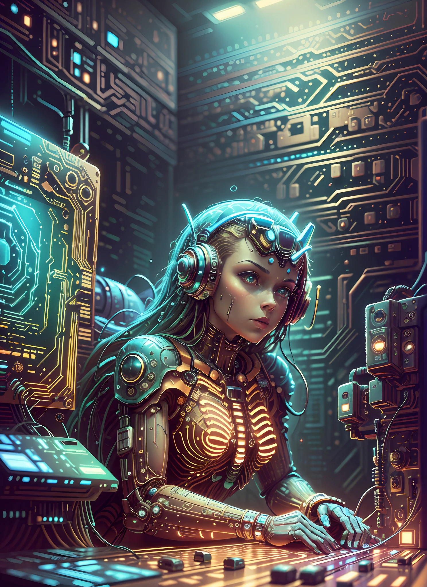 A retrofuturistic scene of an arcade wired mess on macbook laptop, mechanical delay, wiring components, ultrago austin metal wiring, iris van Buren, Karol Bak, Kiichi Obituary by Beksinski, david falls fanart robot machine --auto --s2