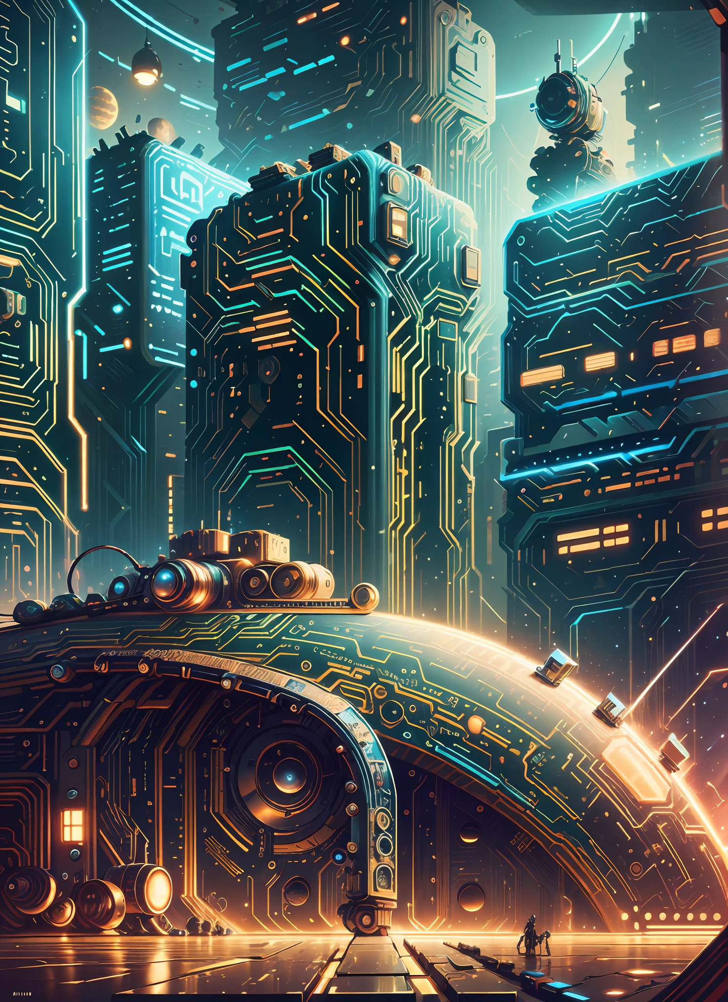A retrofuturistic scene of an arcade wired mess on macbook laptop, mechanical delay, wiring components, ultrago austin metal wiring, iris van Buren, Karol Bak, Kiichi Obituary by Beksinski, david falls fanart robot machine --auto --s2