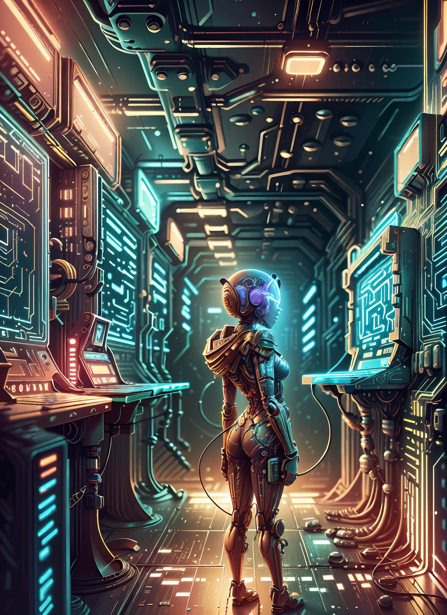 A retrofuturistic scene of an arcade wired mess on macbook laptop, mechanical delay, wiring components, ultrago austin metal wiring, iris van Buren, Karol Bak, Kiichi Obituary by Beksinski, david falls fanart robot machine --auto --s2