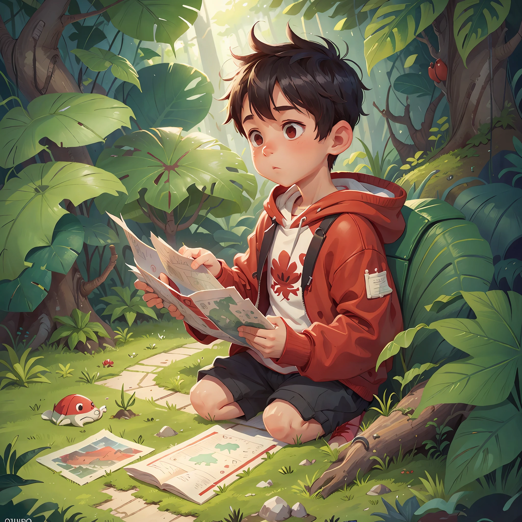 A boy in a red sweatshirt and white lining takes a map to an isolated island covered in absurd plants.