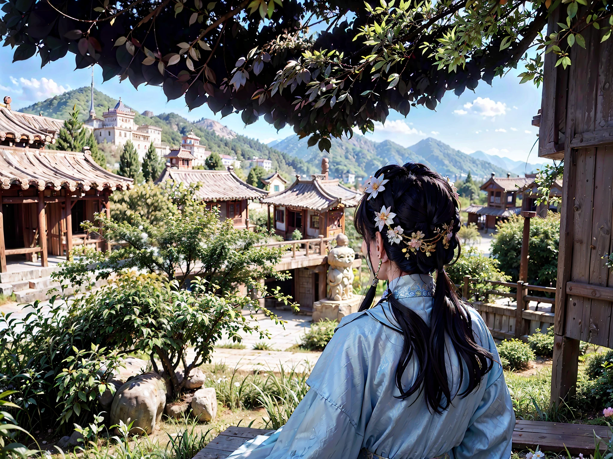 Arad woman with a white flower in her hair looks out at a village, the streets of the ancient city behind her, the fantastic Chinese town, looking at the mountains, 8k)), from behind, the Zhongyuan Festival, the background is the mountains, in an ancient city, inspired by Dai Xi, Qiangshu