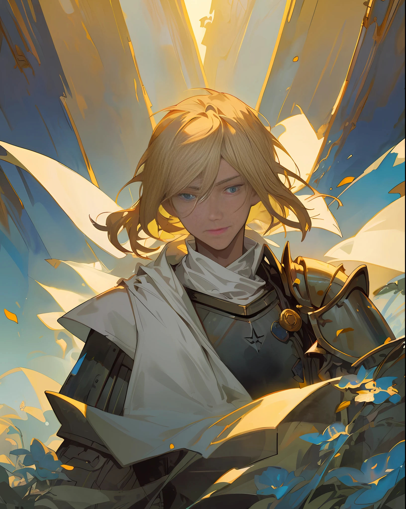 ((Top Quality, Masterpiece)), Comic Art, Concept Art, Watercolor, ((2 men)), (Beautiful young man in white robes with blond long hair and blue eyes), (Old soldier, strong, golden eyes (Handsome: 1.4), short-haired, dark-haired, middle-aged, black armor, black knight), fantasy, forest, blooming flowers, sunlight, fantastic lights and shadows, landscape, highly detailed face, portrait, smile, pose, particle, wind, flower, Simple background, with backlight and rim lights