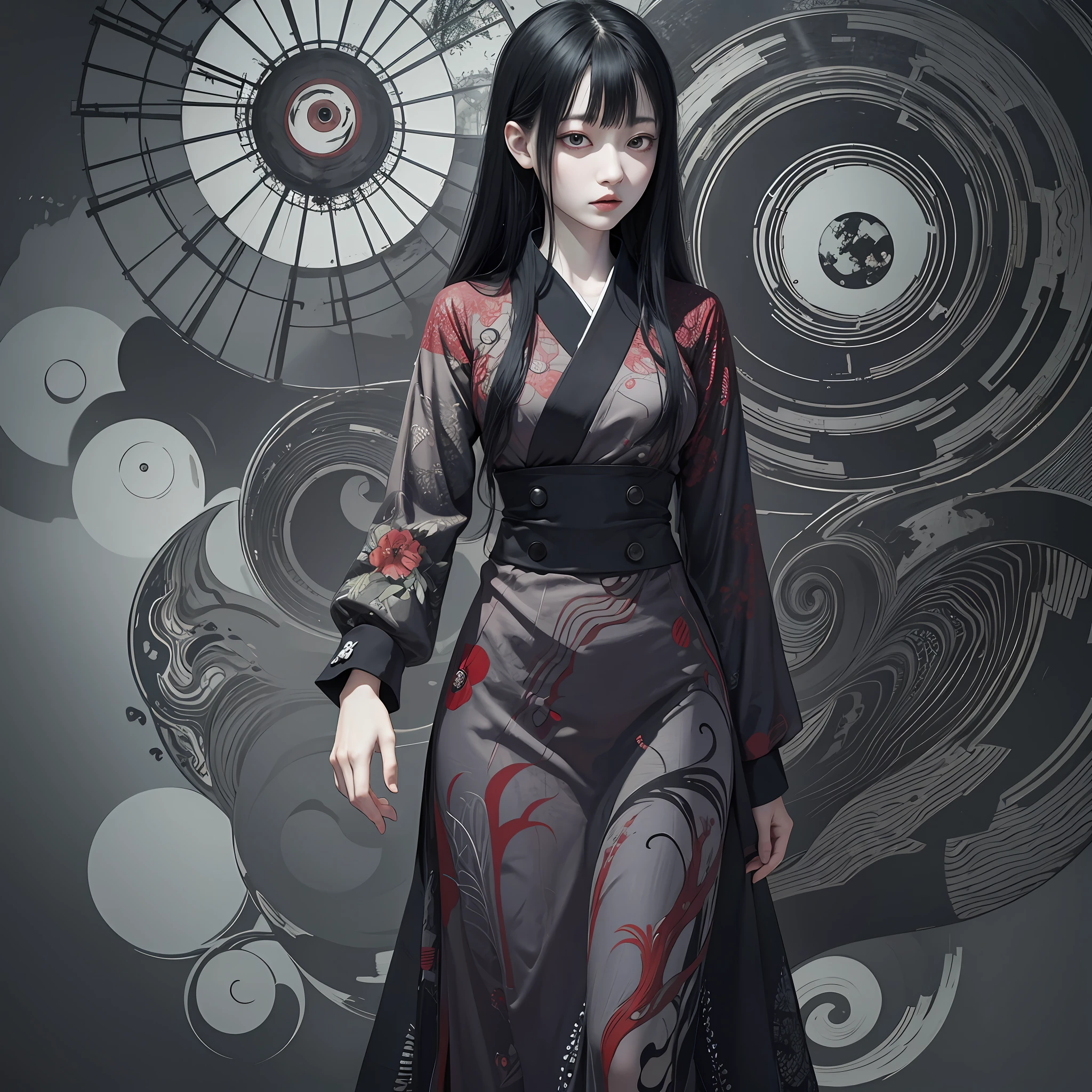 Junji Ito, Tomoe, High Resolution, Ultra Detailed, Floating, 4K Resolution, Masterpiece, Horror, Full Body, Country Background --auto --s2