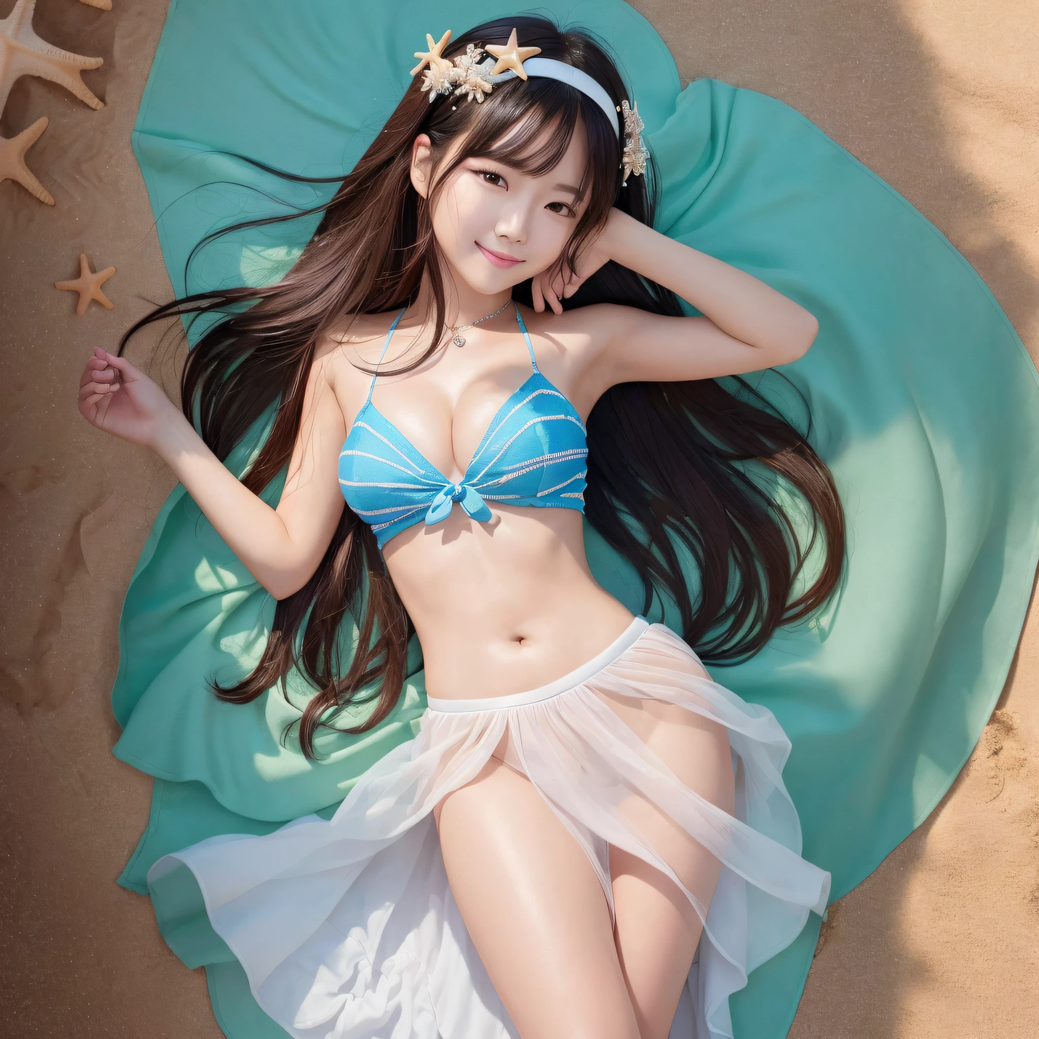 (1 Korean star with royal sister style), ((best quality, 8k, masterpiece: 1.3)), (beach: 1.8), focus: 1.2, perfect body beauty: 1.4, (pouting smile: 1.2), (hips: 1.3), highly detailed face and skin texture, delicate eyes, double eyelids, whitened skin, (long hair, air bangs: 1.3), (beautiful perfect face: 1.5), (beach skirt: 1.4, shyness --auto --s2