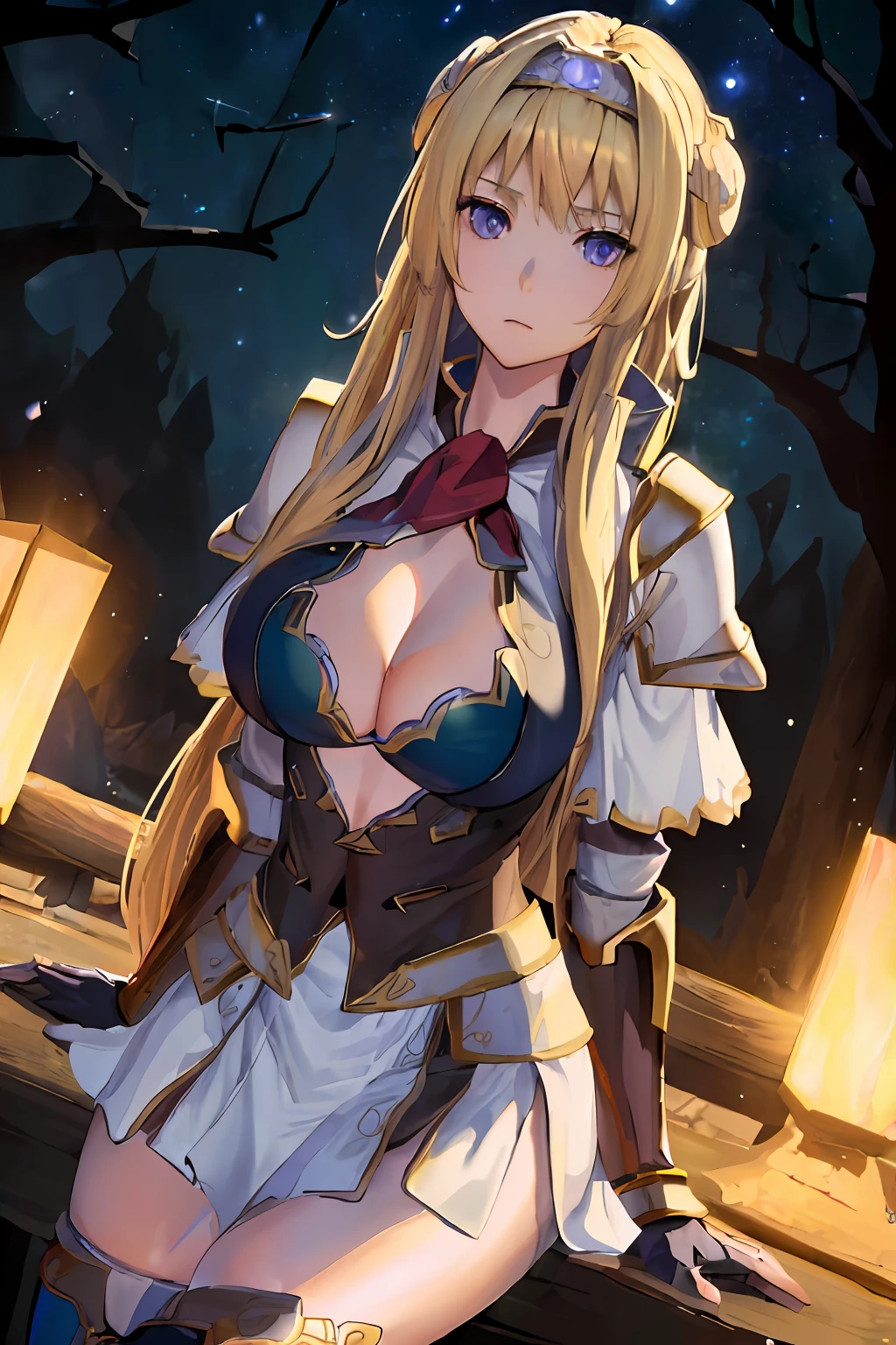 (Night:1.7), temple, in the dark temple, star_\(sky\), starry_sky, dark trees, forest, sitting at attention, walking, torn armor, gauntlets, hairband, wearing a blue outfit, revealing clothes, a red scarf with a bow around her neck, (Deep_cleavage:1.3), boots, greaves, thighhighs, navel, mini skirt, Alicia Arcturus, 
blonde_long_hair, blue_eyes, 1 girl, Solo, Manga, 20yo, mature female, Beautiful Finger, Beautiful long legs, Beautiful body, Beautiful Nose, Beautiful character design, perfect eyes, perfect face, looking at viewer, (innocent_big_eyes:1), (expressionless:1.3), 
official art, extremely detailed CG unity 8k wallpaper, perfect lighting, Colorful, Bright_Front_face_Lighting, (masterpiece:1), (best_quality:1), ultra high res, 4K, ultra-detailed, blurry background, bokeh:1, lens flare, (vibrant_color:1.2), 
(Beautiful,large_Breasts:1.8), (narrow_waist), white panties, lower body focus, Leg up, Hands up,