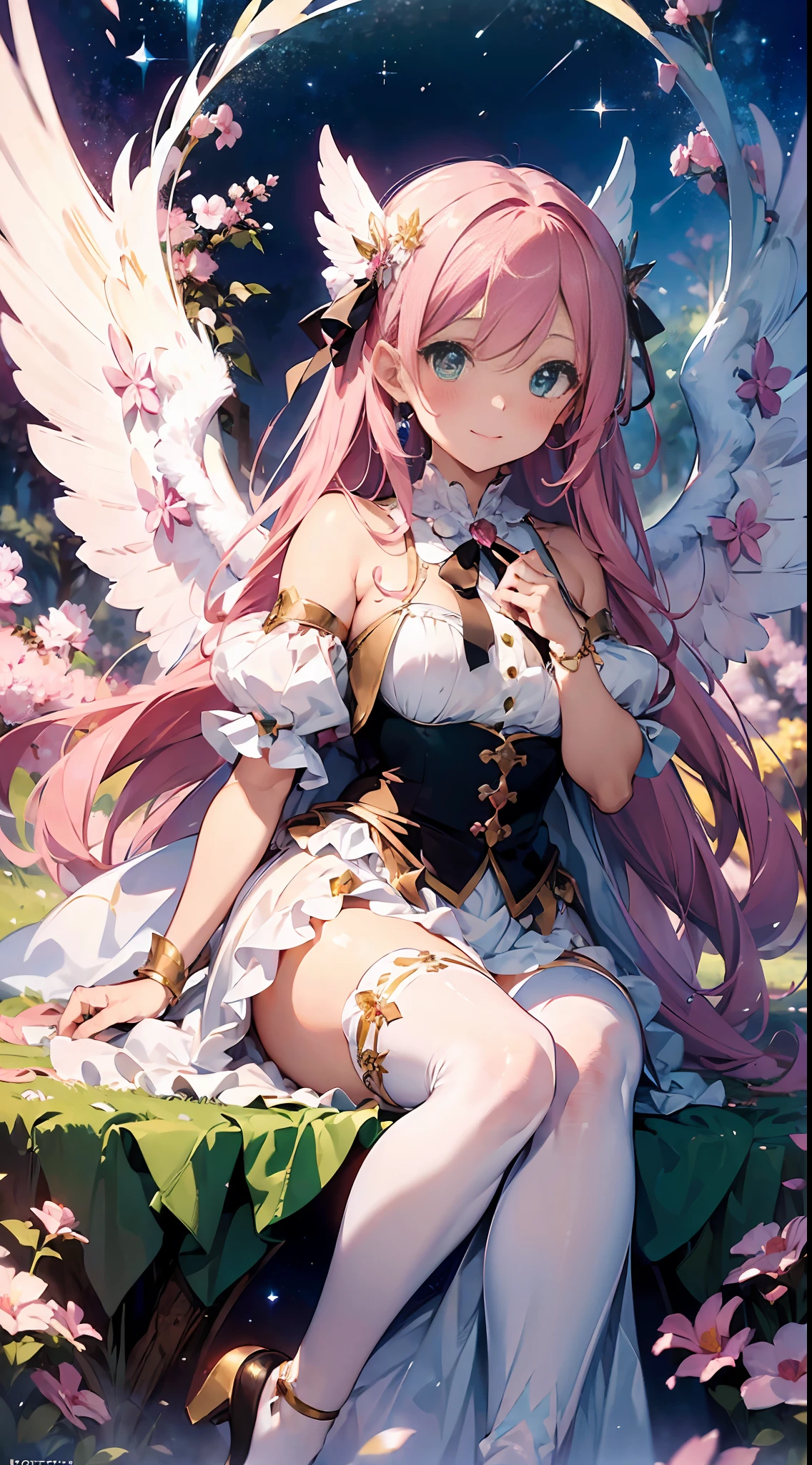 (((Masterpiece))), Morganite Gemstones. (super detail, top quality, high resolution, 8k wallpaper, beautiful clothes), full body. Pink hair.green eyes. Hair above one eye, goddess, white clothes ((big white angel wing)) nose blush. hug. Smile, sparkle, seen from the front. Sky. ribbon