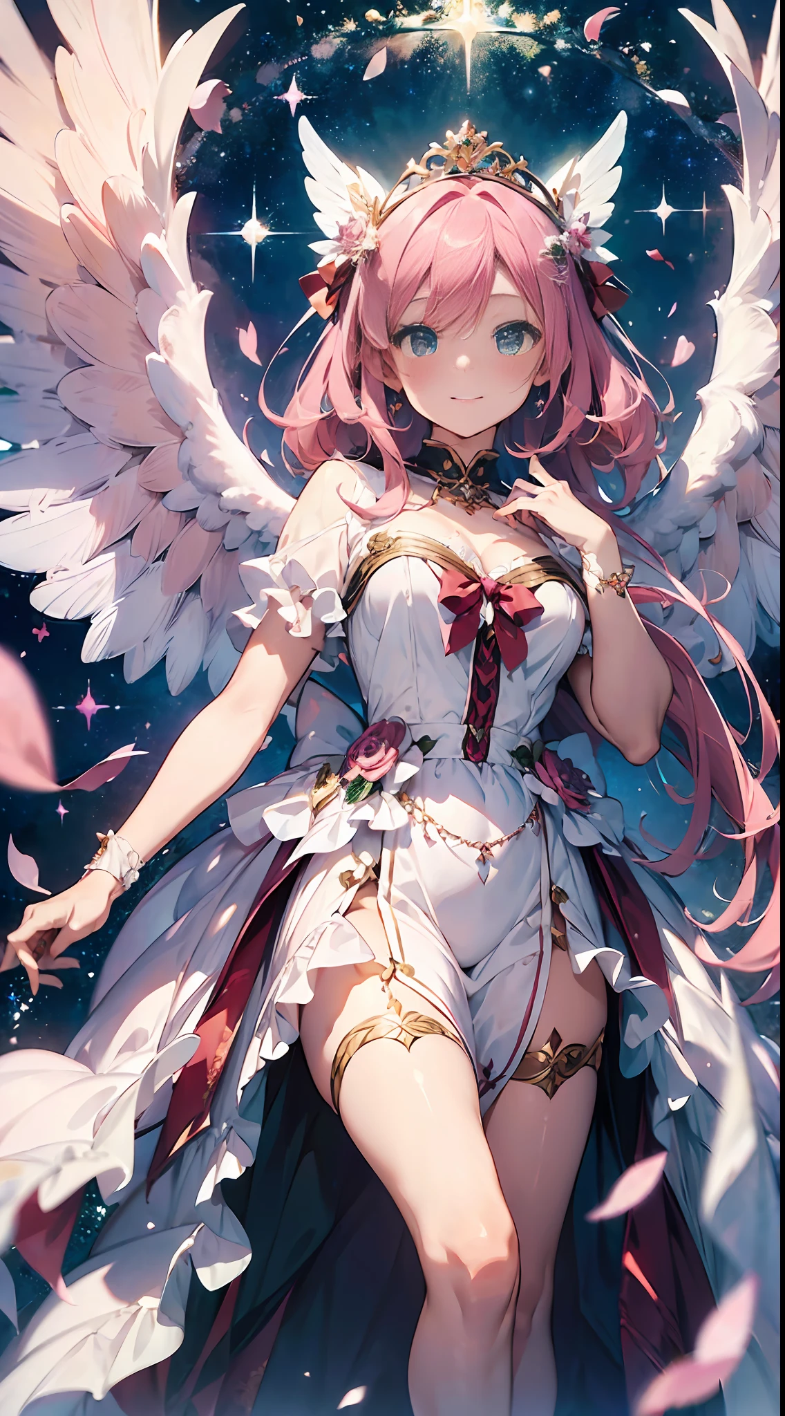 (((Masterpiece))), Morganite Gemstones. (super detail, top quality, high resolution, 8k wallpaper, beautiful clothes), full body. Pink hair.green eyes. Hair above one eye, goddess, white clothes ((big white angel wing)) nose blush. hug. Smile, sparkle, seen from the front. Sky. ribbon