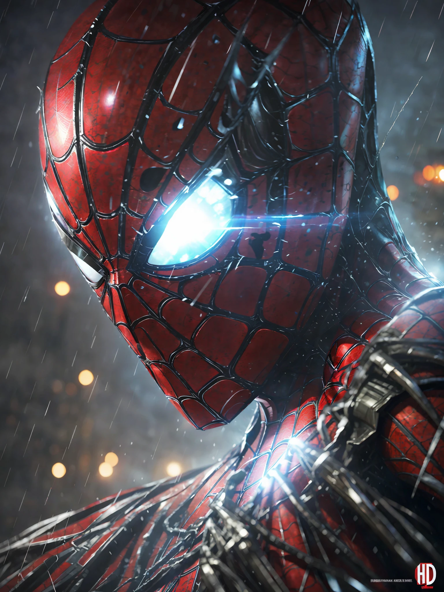 spider - man in the rain with a red suit and a black mask, portrait of spiderman, highly detailed spider - man, hq 4k wallpaper, wallpaper 4k, futuristic style spiderman, wallpaper 4 k, highly detailed 4 k art, peter parker, 4 k hd wallpaper very detailed, marvel art, spider-man, spider - man, marvelous expression