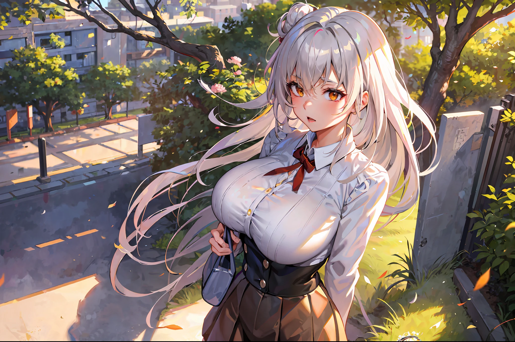 anime - style image of one sexy busty woman in a short brown skirt and long white shirt, close up smooth anime cg art, trees city background, beautiful anime high school girl with white hair and yellow eyes, , a hyperrealistic schoolgirl, digital anime illustration, platinum white hair, big breasts, painted in anime painter studio, anime girl