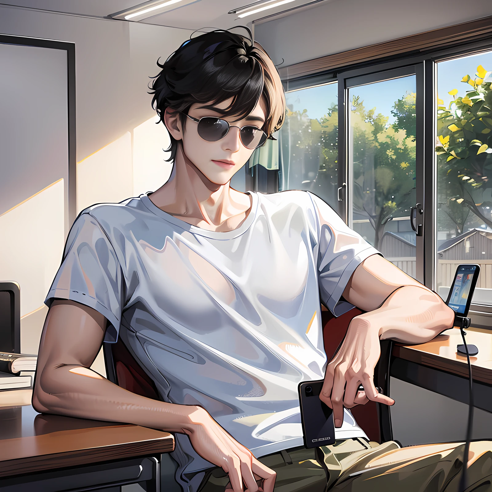 In the dormitory, a handsome boy sits at a desk, eyes closed, with sunglasses, short black hair, white T-shirt and short sleeves, picking up a mobile phone on the phone, 4k, super detail
