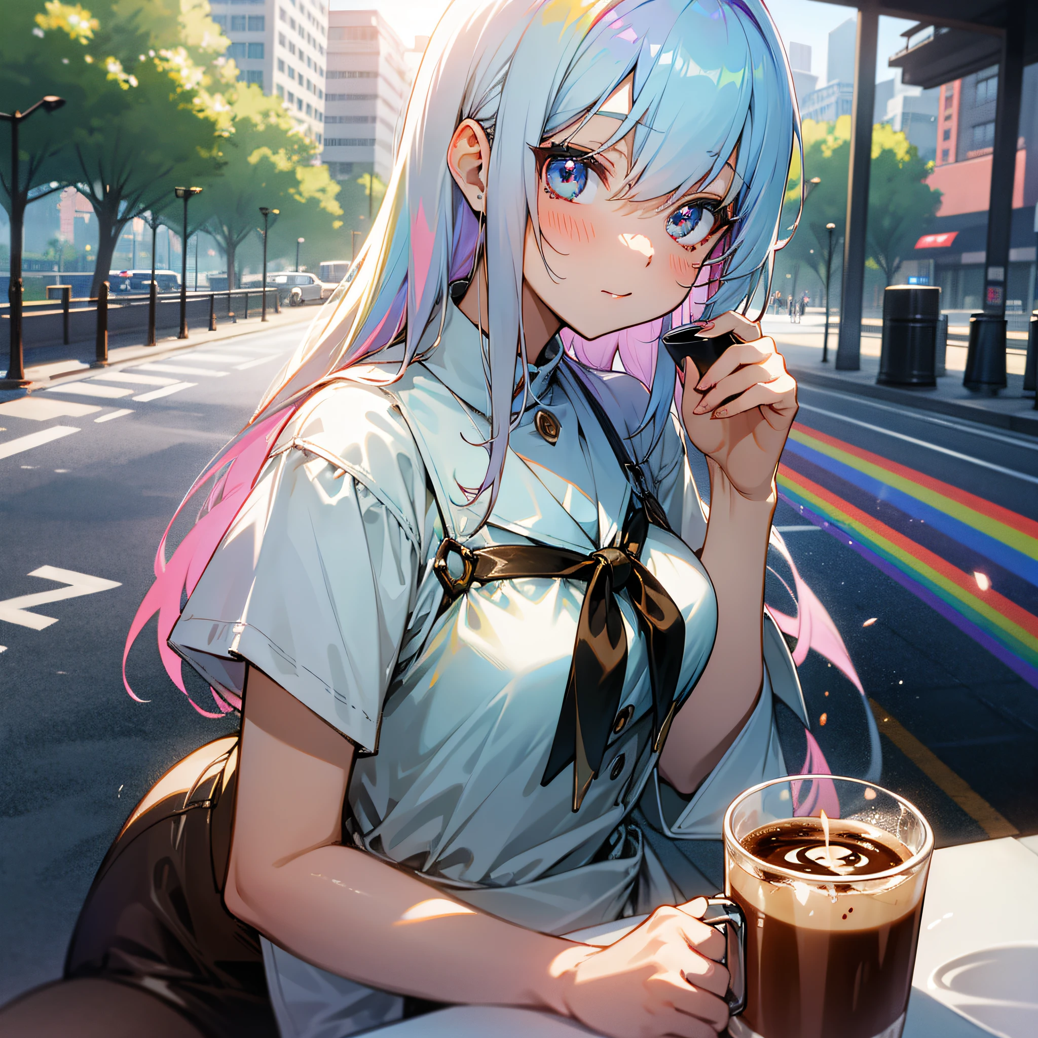 Anime girl, light rainbow hair, rainbow eyes, looking at coffee, outdoors, park, complex white cloth, coffee, sunshine, sexy --auto --s2