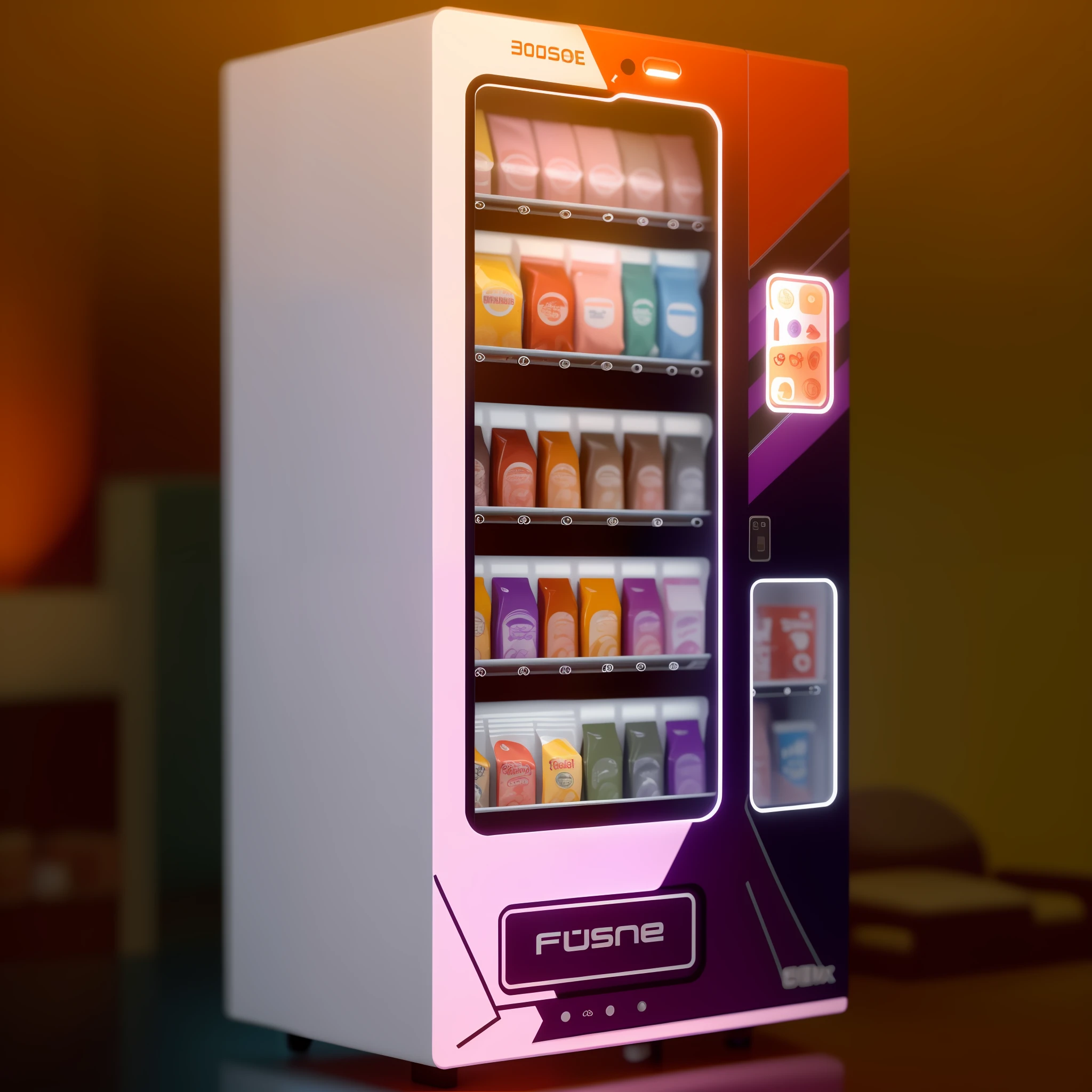 With adult products and sexual expression, ambiguous atmosphere lighting, close-up of two couples kissing crooked together, 3D product rendering, machine, high-quality product image display, vending machine, vending machine, sci-fi vending machine, 4 8 0 p, 480p, high quality product, machine, high quality product image", future, high quality, 3D product, f 2.0, large size, adult products, and mixing concept, product rendering, style style with orange eyeshadow on the body, There are reasonable ambiguous and sexual elements on the fuselage, the overall purple and black are predominant, and the color distribution can be 50% each