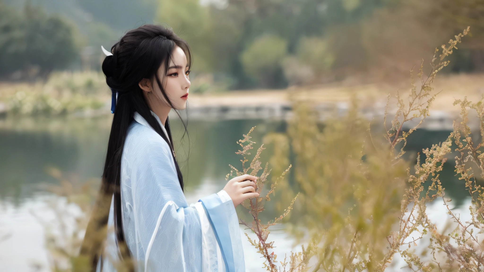 arafed woman in a blue robe standing by a lake, palace , a girl in hanfu, flowing hair and long robes, hanfu, wearing ancient chinese clothes, white hanfu, inspired by Gu An, inspired by Zhang Han, inspired by Zhang Yan, with acient chinese clothes, cai xukun, by Zhang Han, wearing a long flowing robe