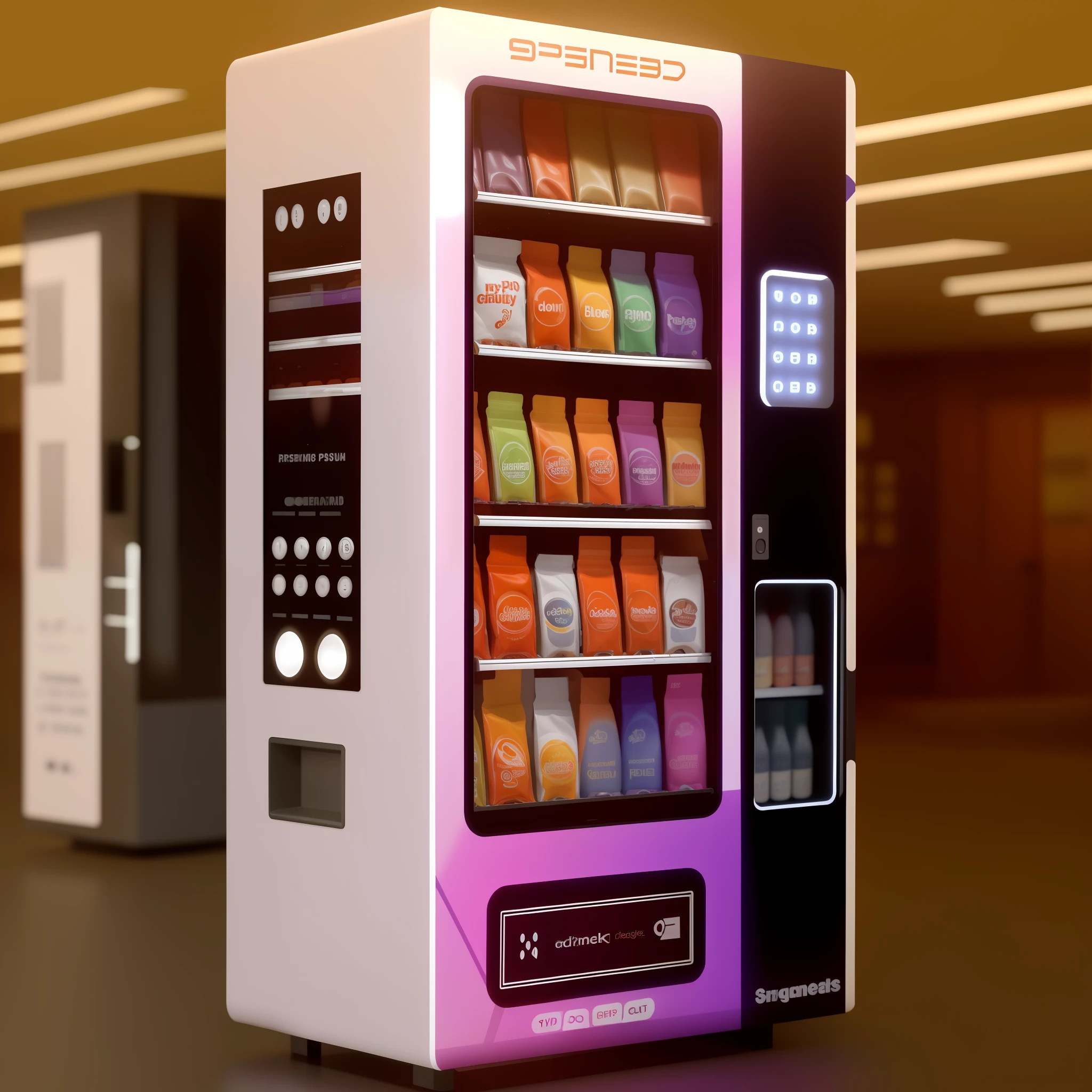 With adult products and sexual expression, ambiguous atmosphere lighting, close-up of two couples kissing crooked together, 3D product rendering, machine, high-quality product image display, vending machine, vending machine, sci-fi vending machine, 4 8 0 p, 480p, high quality product, machine, high quality product image", future, high quality, 3D product, f 2.0, large size, adult products, and mixing concept, product rendering, style style with orange eyeshadow on the body, There are reasonable ambiguous and sexual elements on the fuselage, the overall purple and black are predominant, and the color distribution can be 50% each
