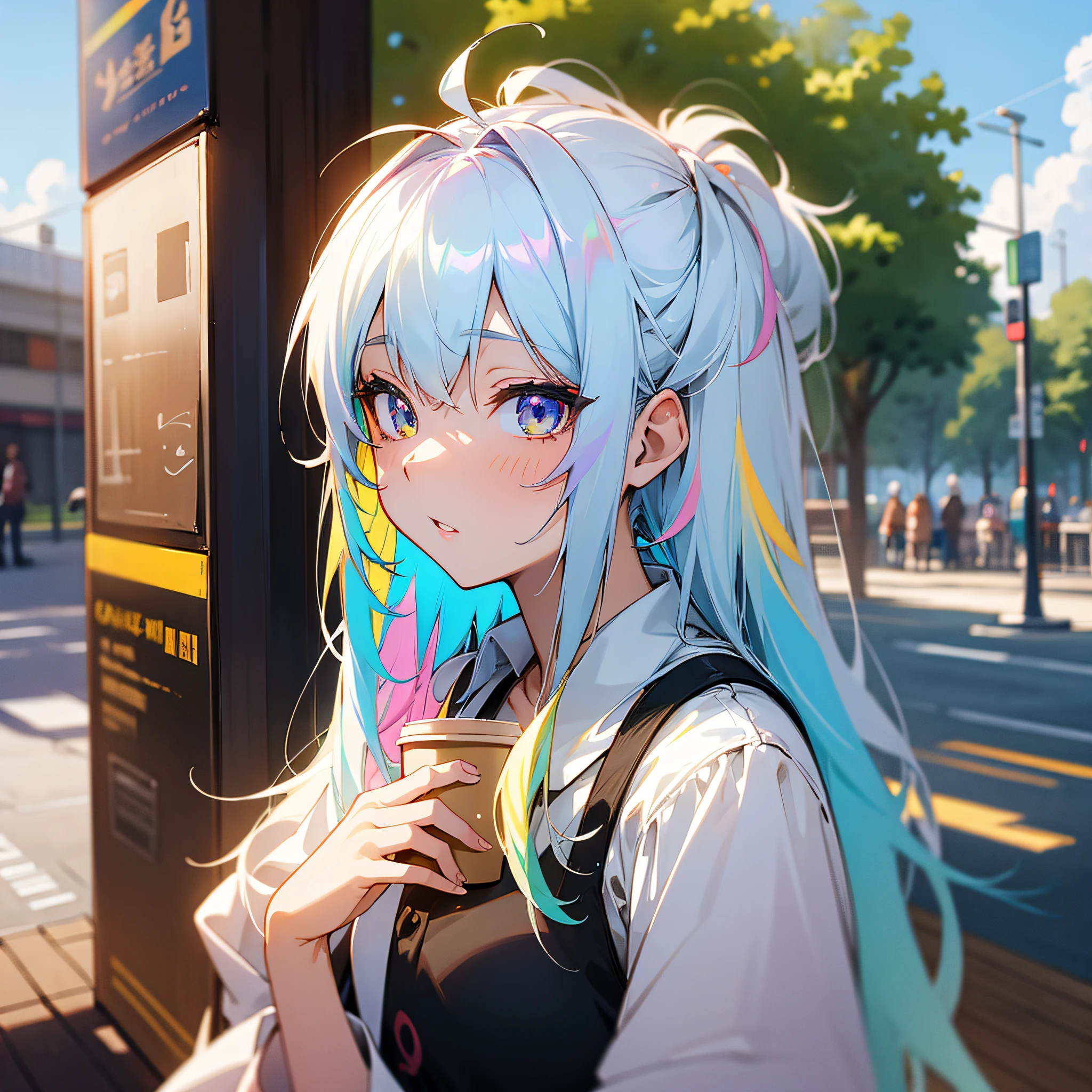 Anime girl, light rainbow hair, rainbow eyes, looking at coffee, outdoors, park, complex white cloth, coffee, sunshine, sexy --auto --s2