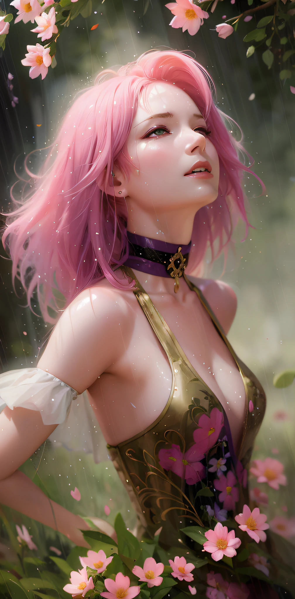 anime girl with pink hair and a choke in a field of flowers, artwork in the style of guweiz, 8k artgerm bokeh, inspired by WLOP, 4 k detail fantasy, detailed digital anime art, ross tran 8 k, 8k high quality detailed art, deviantart artstation cgscosiety, 2. 5 d cgi anime fantasy artwork