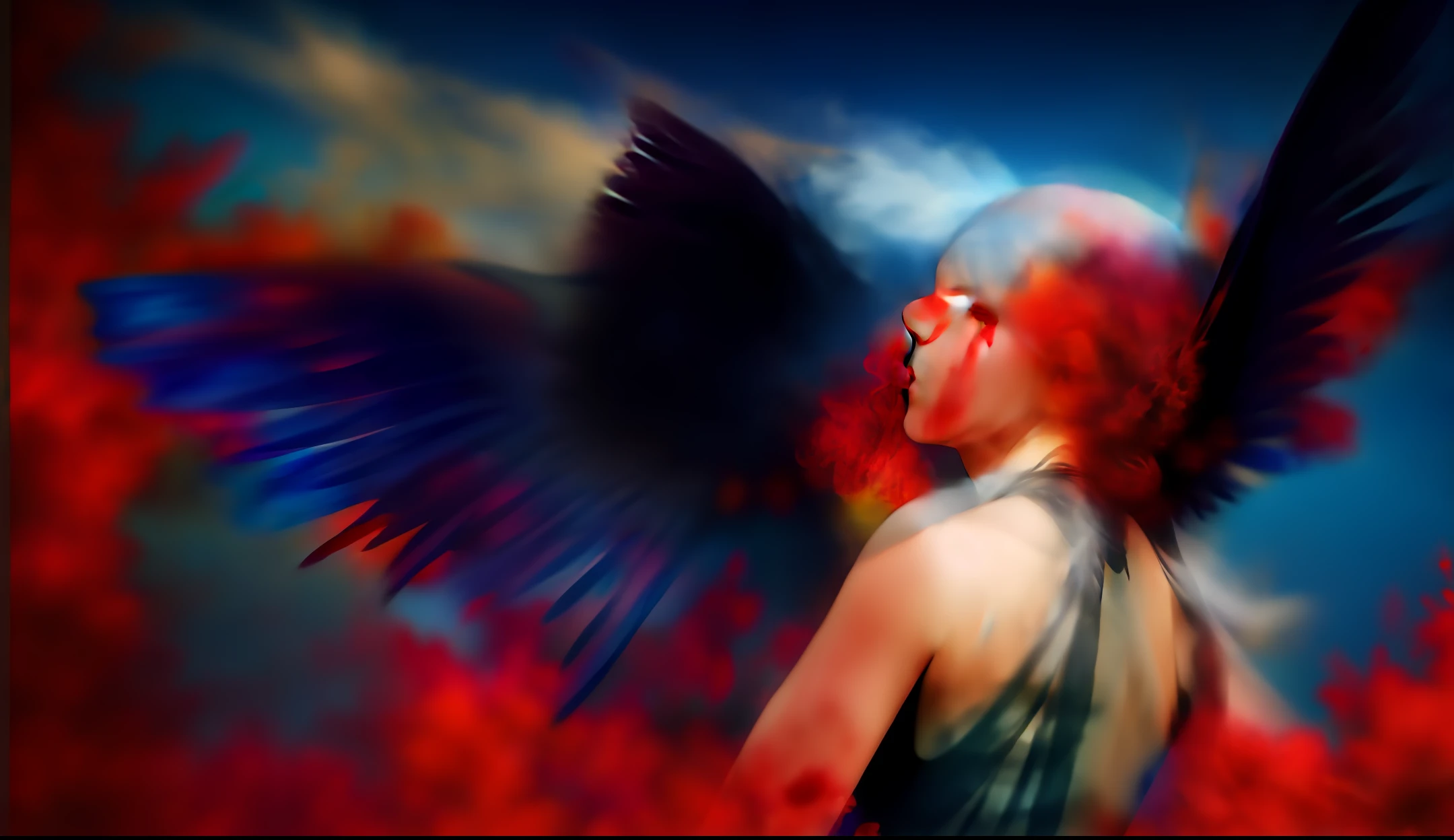 The goddess of love, burnt wings, rose bushes, blood, blue sky,