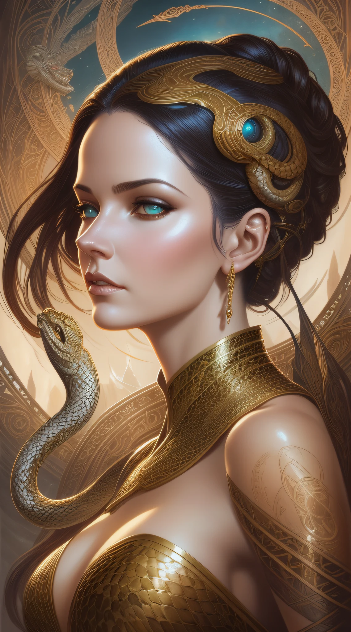 a woman with a snake and a snake on her arm, karol bak uhd, intricate wlop, style of karol bak, karol bak and peter mohrbacher, hyperrealistic fantasy art, artgerm julie bell beeple, goddess. extremely high detail, wlop jeremy lipkin, digital fantasy art ), extremely detailed goddess shot