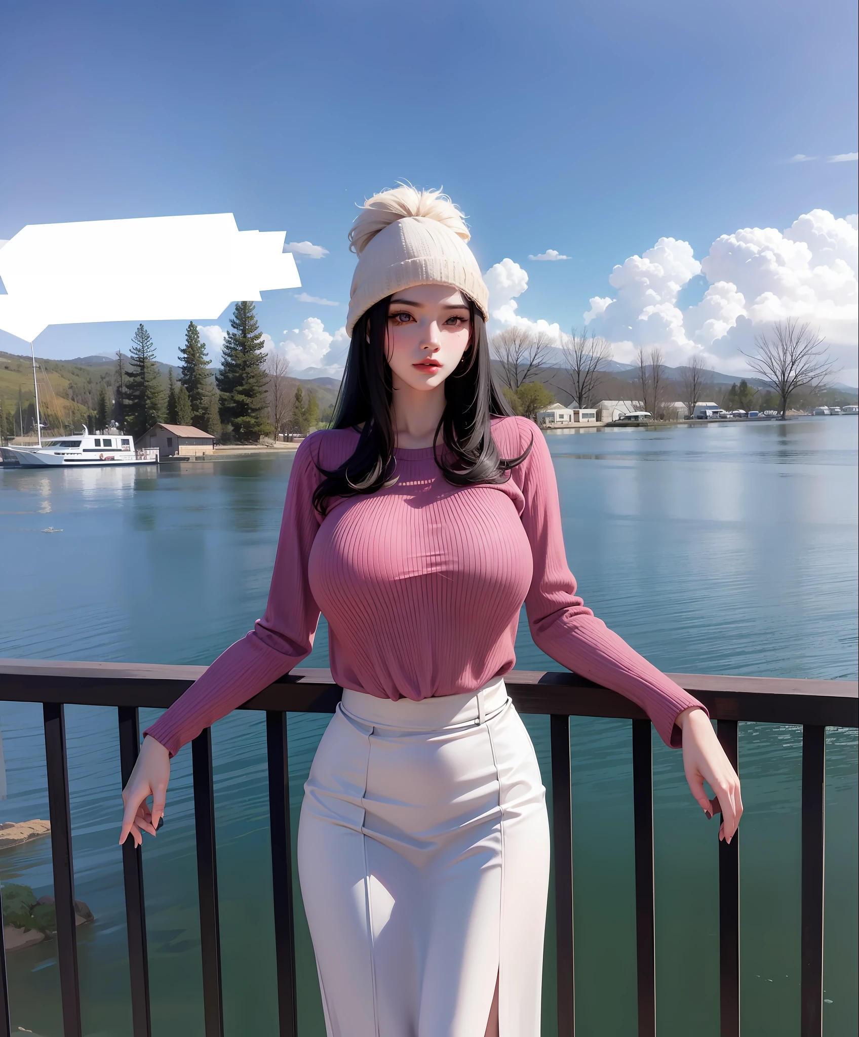 Long black hair, delicate face, fair skin, full boobs, huge breasts, huge breasts,