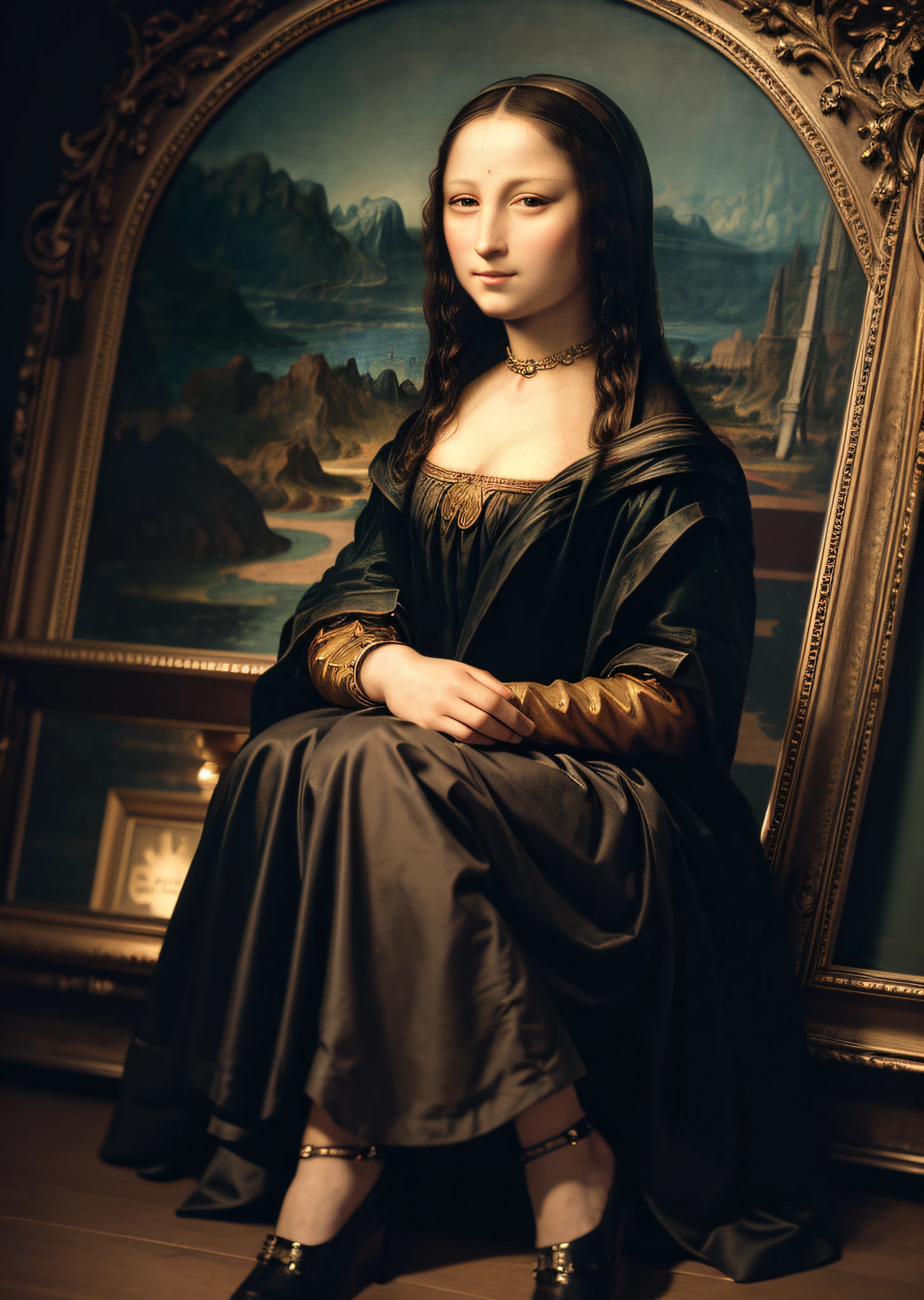 Mona Lisa, steampunk, gentle expression, full body portrait, shoes, catwalk, masterpiece, highest quality, high quality, highly detailed CG unit 8k wallpaper, award winning photo, bokeh, depth of field, HDR, flood, chromatic aberration, realistic, very detailed, art station trend, CGsociety trend, complex, high detail, dramatic, midway art, volumetric lighting