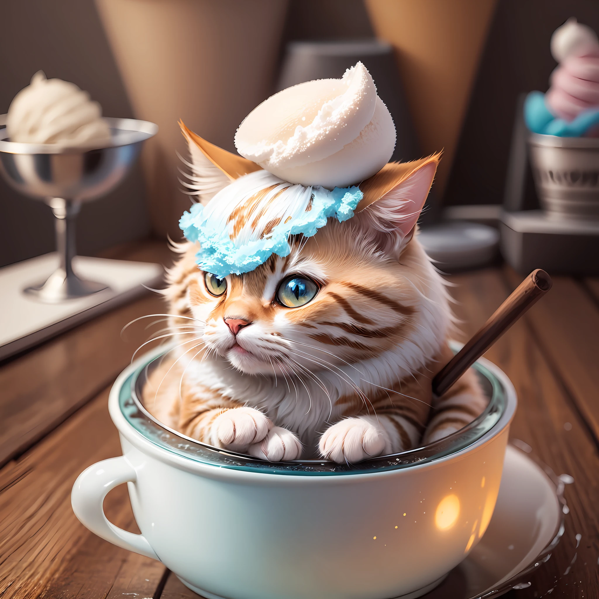 Illustration of a cute cat in an ice cone, deformed, with ice cream on its head --auto --s2