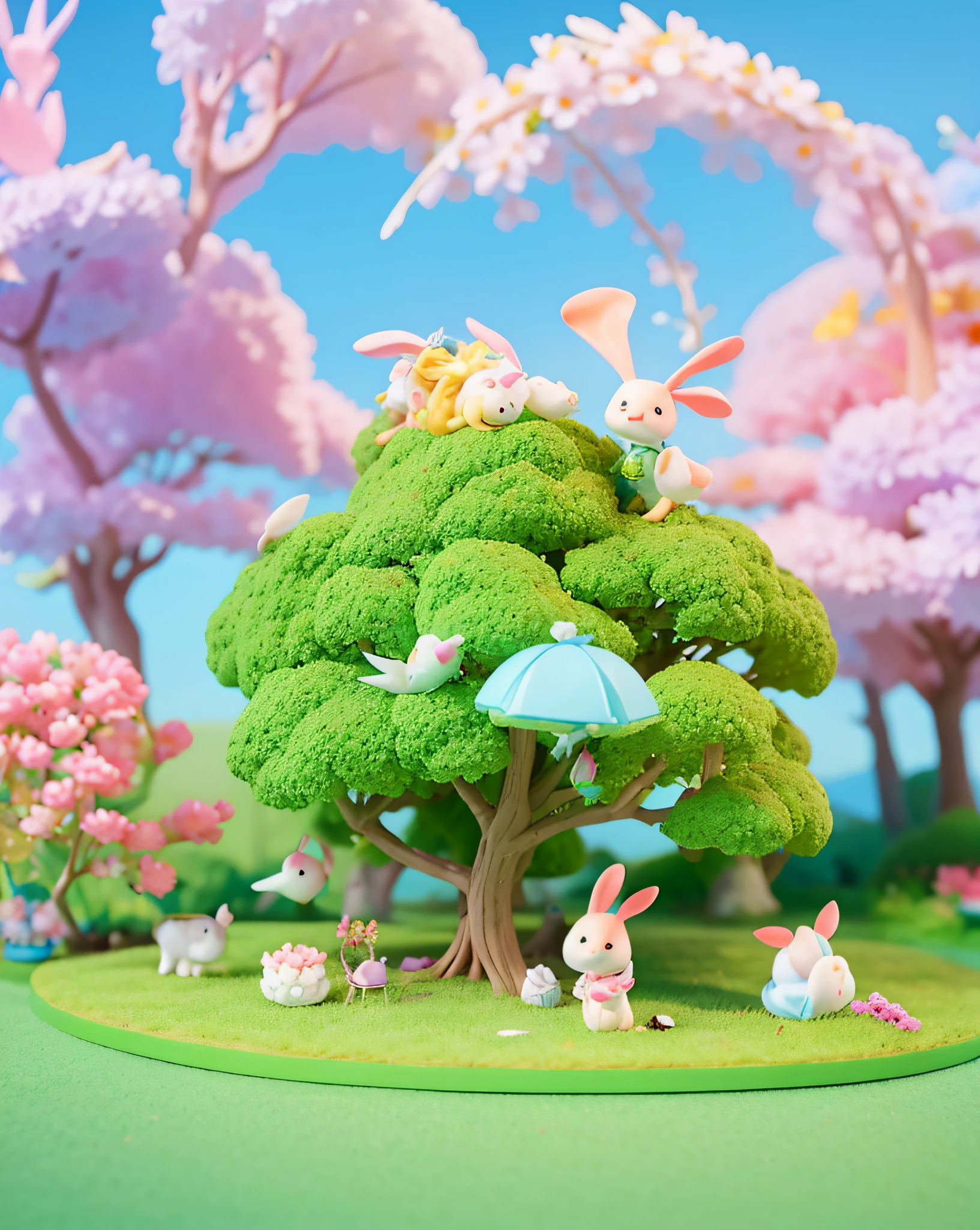 rabbit ears, Take off,Fly up, Exquisite City, (sky:1.3), (Miniature tree:1.3),Miniature object, many flowers, glowing mushrooms, lots of fruits, cute colorful animal protagonist, Firefly,meteor, aurora,sunbeams,Colorful clouds,crossing legs,lie down,Complicated background
