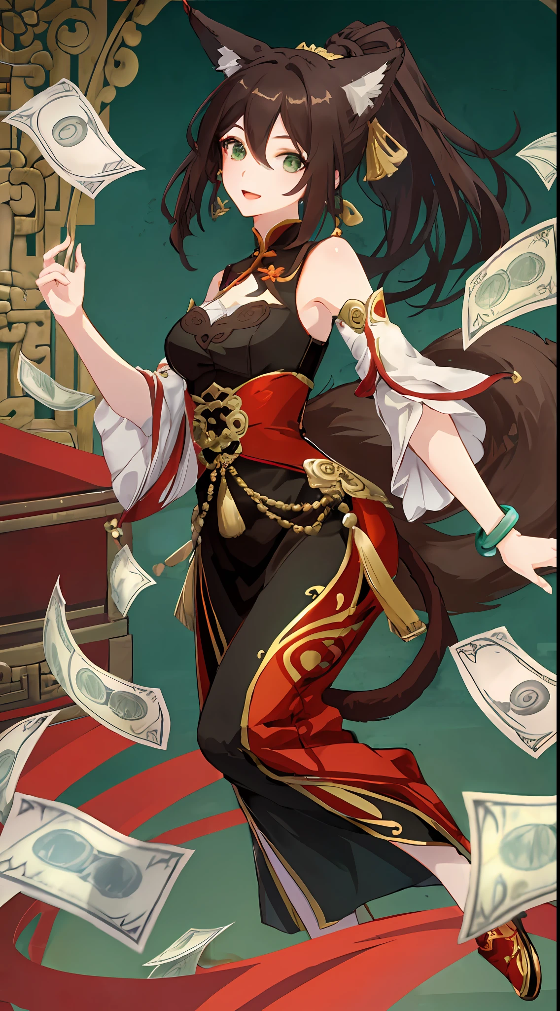 (Masterpiece, Top Quality, Best Quality, Official Art, Beauty and Aesthetics: 1.2), (Flat Color: 1.3), Very Detailed, Detailed Face and Eyes, Cinematic Light, SFW, Anime, Depth of Field, 1 Girl, Seductive Smile, Playful, Solo, Official, Brown Hair, Fox Ears, Ponytail, Hair Accessories, Green Eyes, Red Eye Shadow, Jewelry, Split Sleeves, Medium Tits, Dress, Tail, Bracelet, One Tail, Slightly Open Mouth, Chinese Style Background, Bling, Girl Listening Money Bag