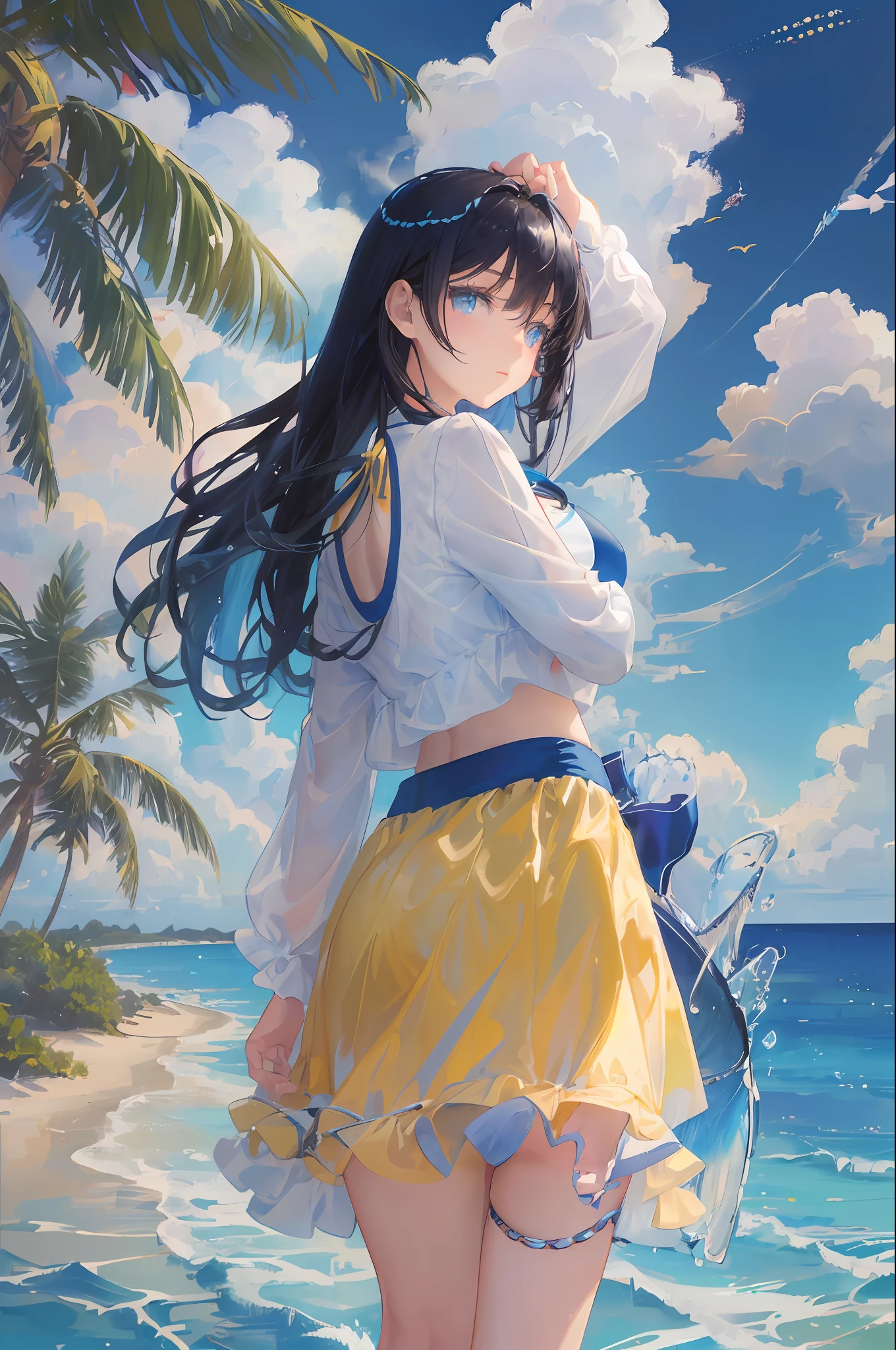art by Cornflower, dreamy, (A beautiful, teenaged, anime-style girl with blue eyes and long, black hair, wearing a pale yellow, shiny, long-sleeved, open-, long skirt swimming suit with a pink, white, and yellow, heart on it is posing with her hands on her , in front of a beach and a bright, blue sky with clouds in it, there are palm trees in the background on both sides of the picture, and there are lots of blue and yellow fish swimming in the ocean, and there is a police helicopter with lights on it flying over the girl)
