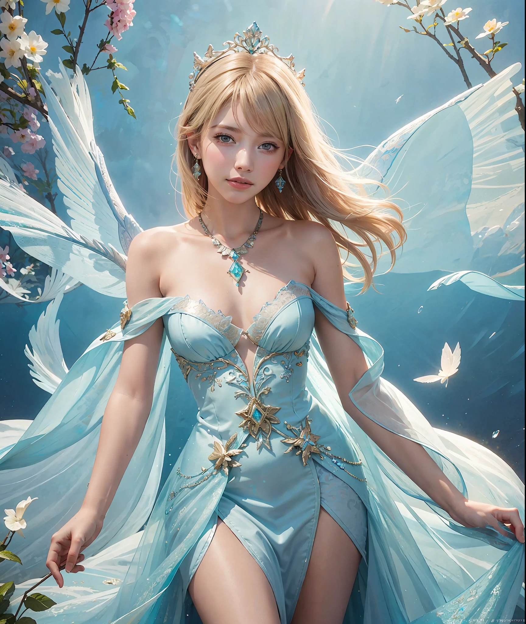 a photography, HD,, photo, woman, beautiful dress ornate, mdjrny-v5, style portrait of a gorgeous blond female in the style of stefan kostic, realistic, half body shot, sharp focus, 8 k high definition, insanely detailed, intricate, elegant, art by stanley lau and artgerm, extreme blur flames background, Princess girl with wing, Blue, Pastel, glitter, dramatic, dreamy, pastel, Watercolor, Whimsical, Delicate, seashell crown, Trending on Artstation, Highly detailed, Intricate, Portrait, digital painting, Fantasy theme, Fantasy robes, Fantasy concept art, Fantasy character art, Smug, age girl, perfect body, full body, dreamy, pastel, Watercolor, Whimsical, Delicate, seashell crown masterpiece, 8k, perfect lighting, , adult, female, cowboy shot, looking at viewer, cinematic lighting, Fawn