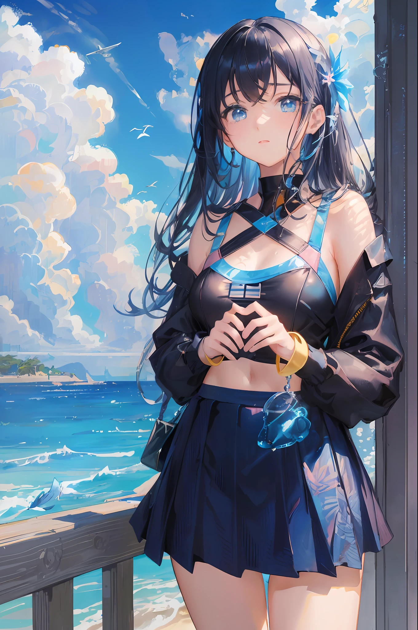 art by Cornflower, dreamy, (A beautiful, teenaged, anime-style girl with blue eyes and long, black hair, wearing a pale yellow, shiny, long-sleeved, open-chest, long skirt swimming suit with a pink, white, and yellow, heart on it is posing with her hands on her hips, in front of a beach and a bright, blue sky with clouds in it, there are palm trees in the background on both sides of the picture, and there are lots of blue and yellow fish swimming in the ocean, and there is a police helicopter with lights on it flying over the girl)