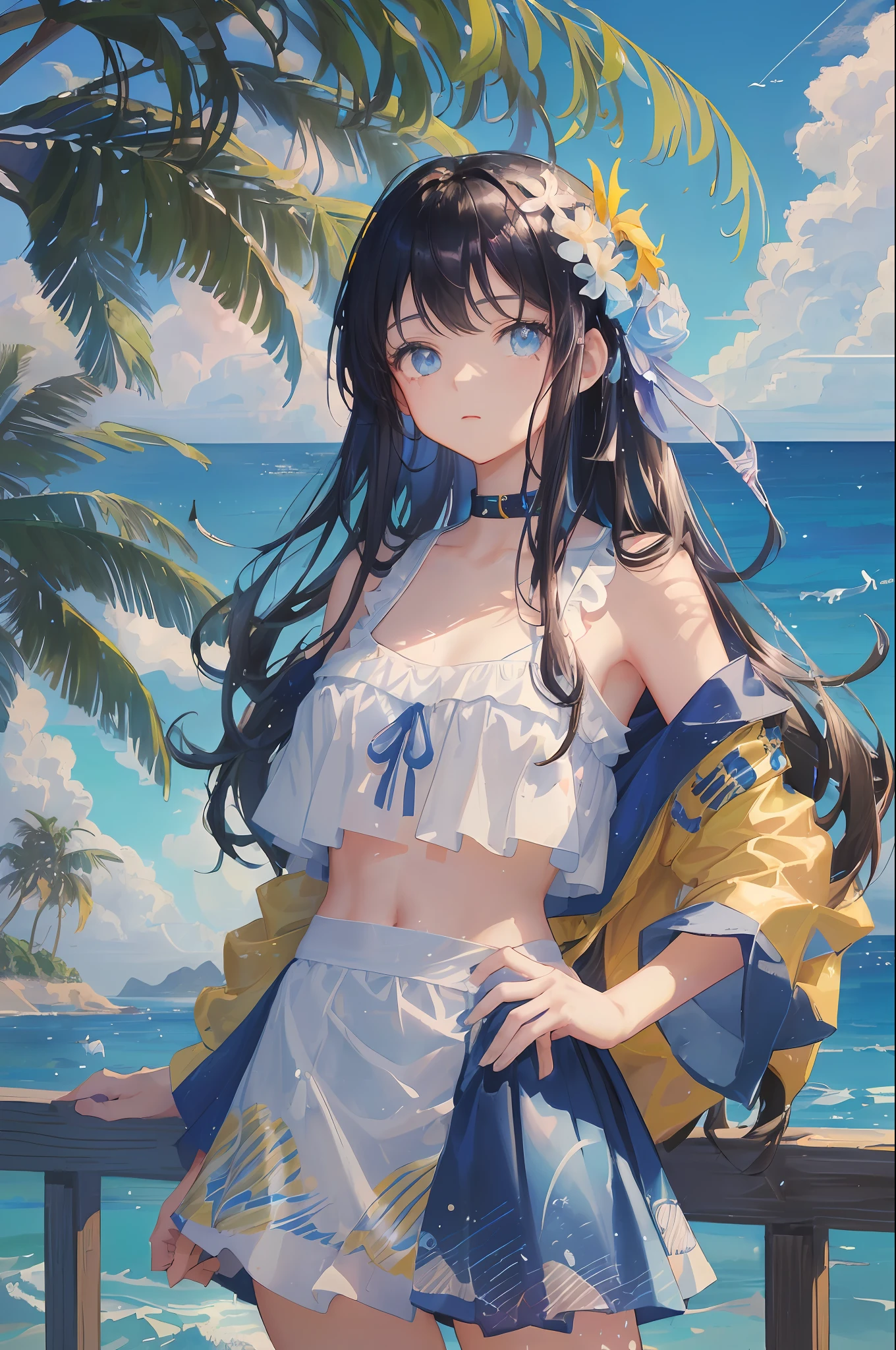 art by Cornflower, dreamy, (A beautiful, teenaged, anime-style girl with blue eyes and long, black hair, wearing a pale yellow, shiny, long-sleeved, open-chest, long skirt swimming suit with a pink, white, and yellow, heart on it is posing with her hands on her hips, in front of a beach and a bright, blue sky with clouds in it, there are palm trees in the background on both sides of the picture, and there are lots of blue and yellow fish swimming in the ocean, and there is a police helicopter with lights on it flying over the girl)