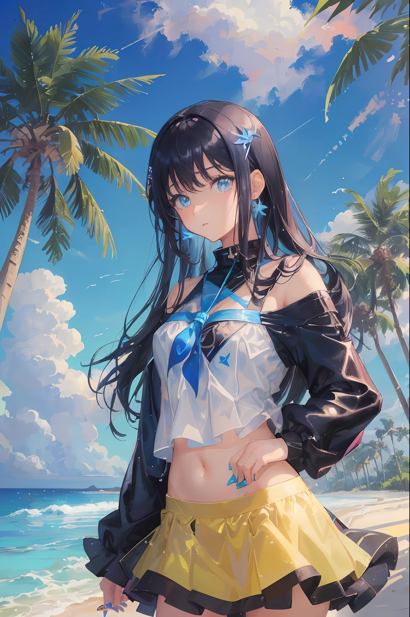 art by Cornflower, dreamy, (A beautiful, teenaged, anime-style girl with blue eyes and long, black hair, wearing a pale yellow, shiny, long-sleeved, open-chest, long skirt swimming suit with a pink, white, and yellow, heart on it is posing with her hands on her hips, in front of a beach and a bright, blue sky with clouds in it, there are palm trees in the background on both sides of the picture, and there are lots of blue and yellow fish swimming in the ocean, and there is a police helicopter with lights on it flying over the girl)