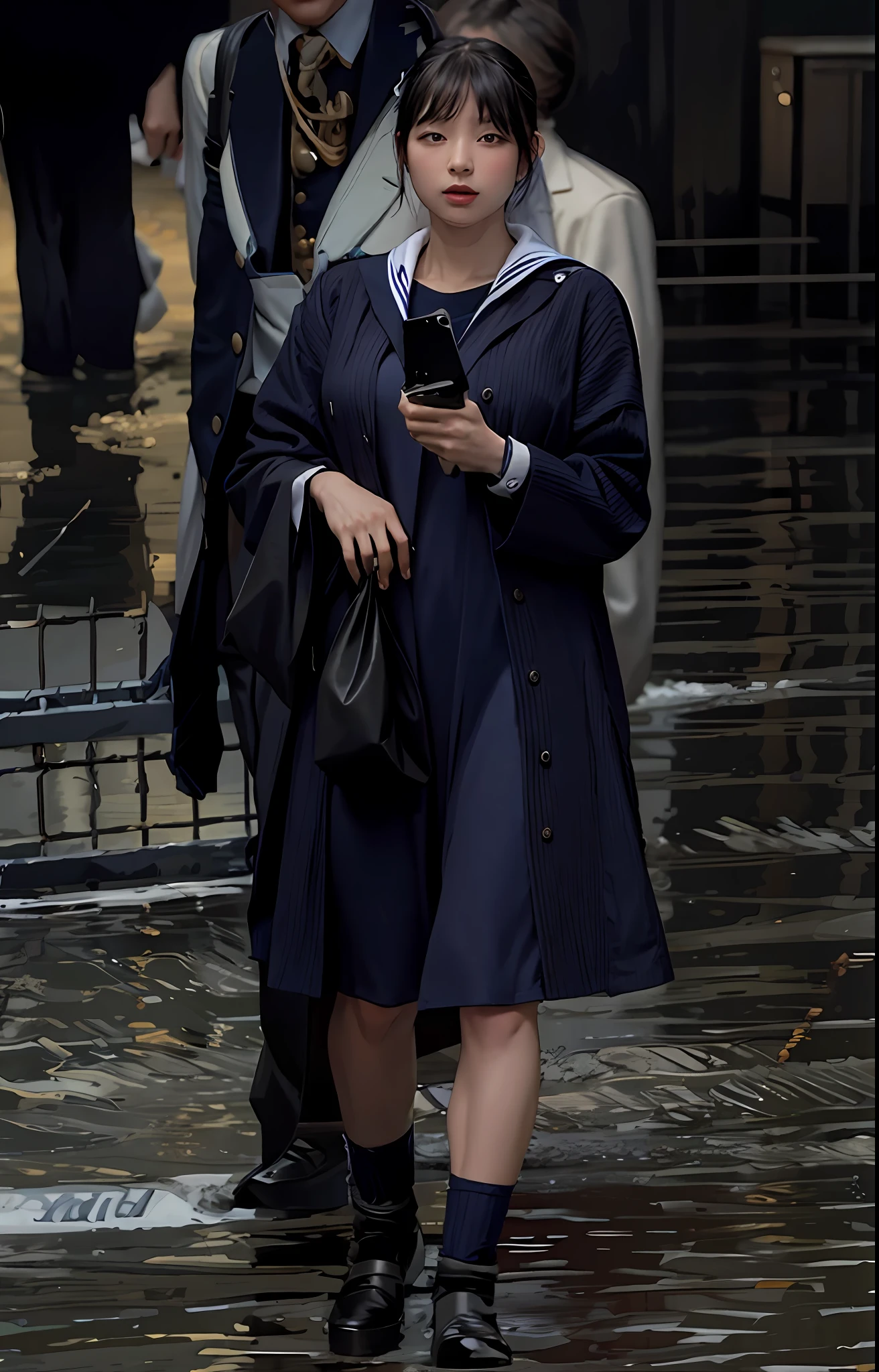 Woman, navy blue sailor suit, black hair