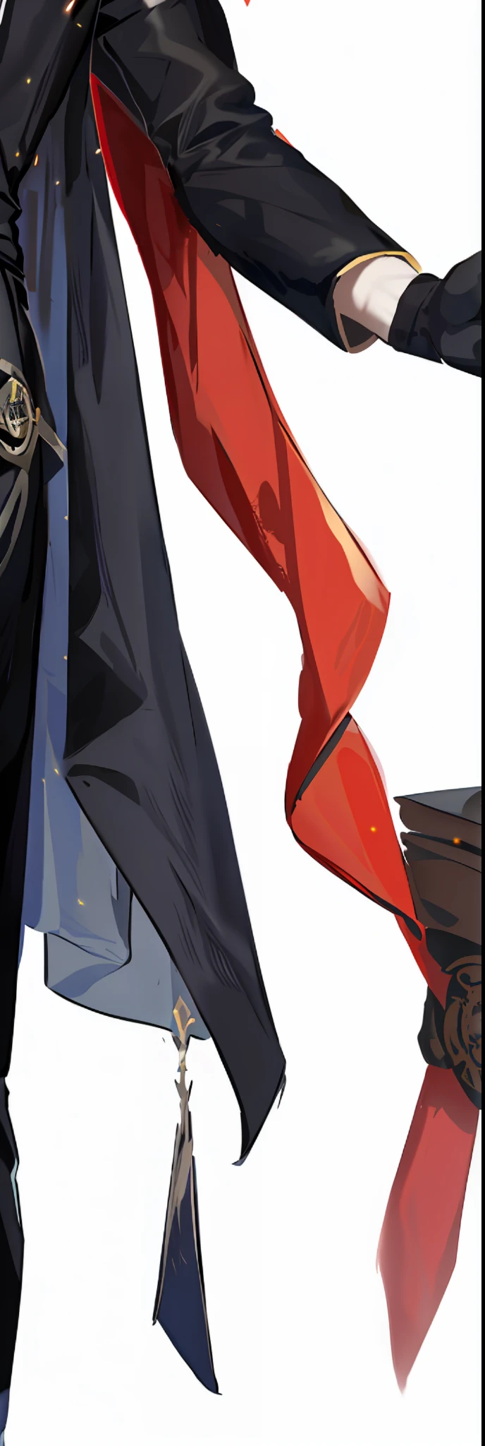 anime - style image of a man in a black coat and red cape holding a sword, black and red silk clothing, red and black flags waving, stylized dynamic folds, red and black flags, low - poly, low-poly, banner, folds, wide ribbons, silks, dynamic folds, executive industry banner, cloth and metal, flowing material