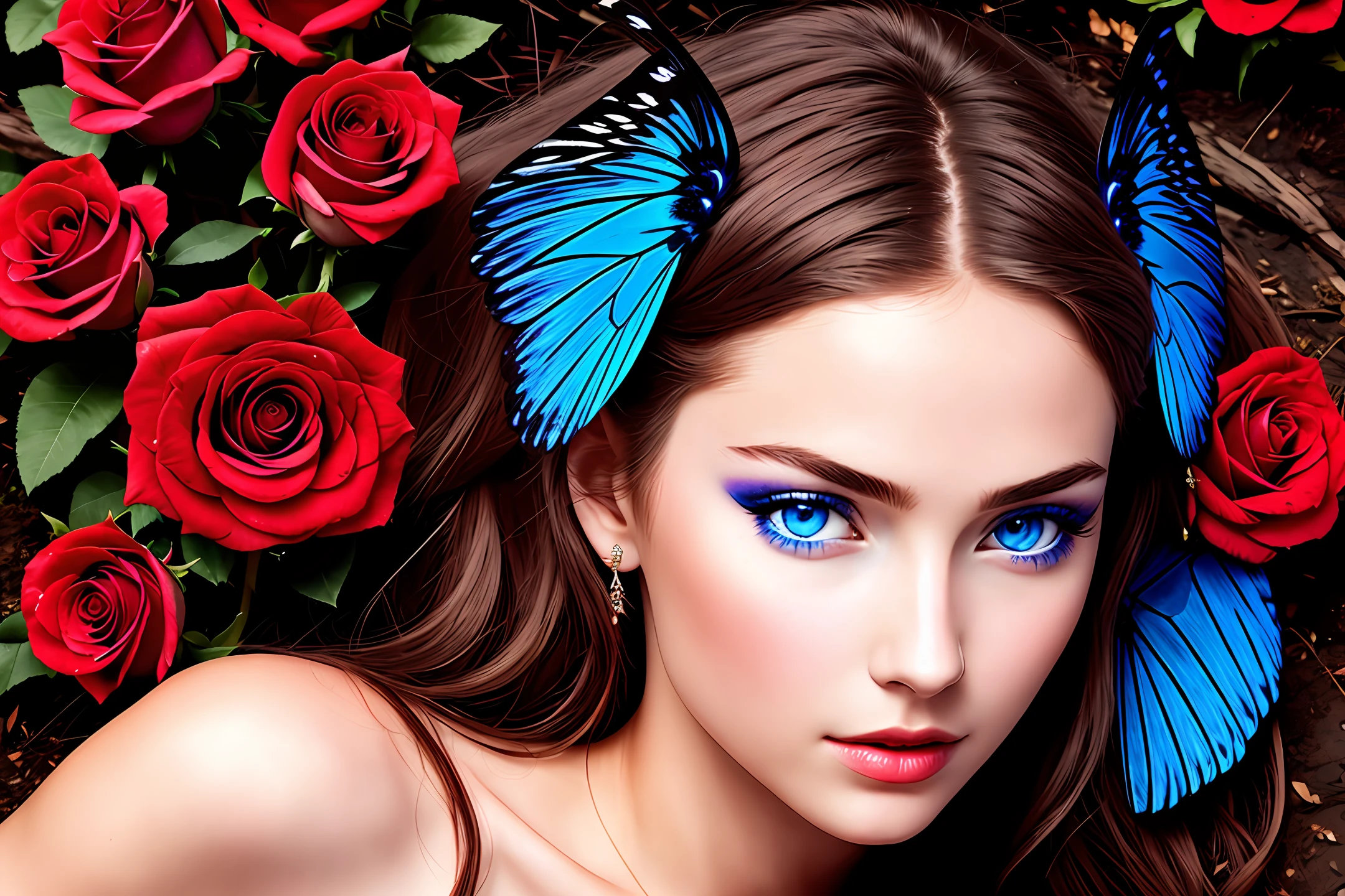 Aphrodite, blue eyes, burnt wings, rose bushes, blood, 8k, very beautiful, perfect skin,
