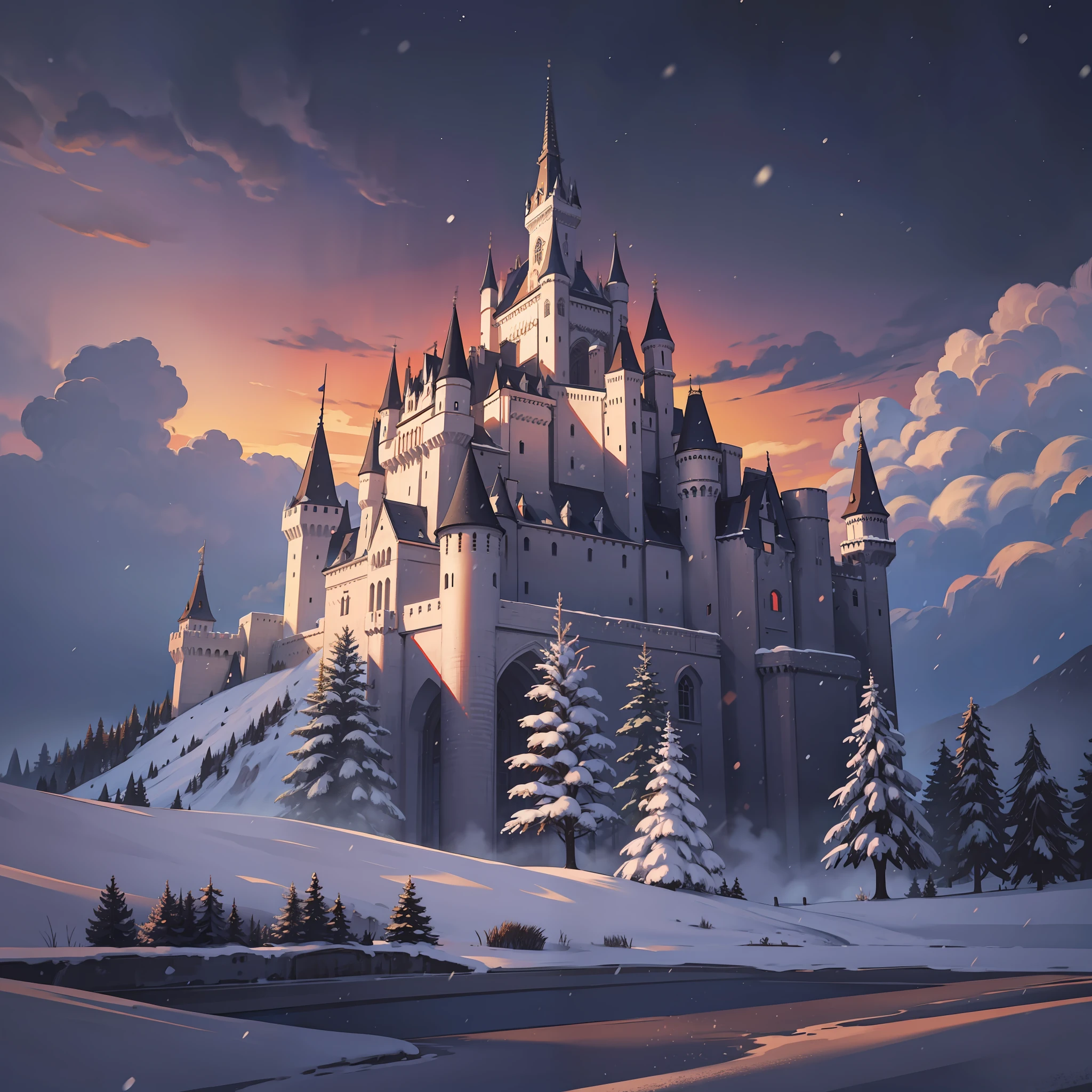 Snow, castles, castles, red roofs, snow, light and dark light, surrealism,