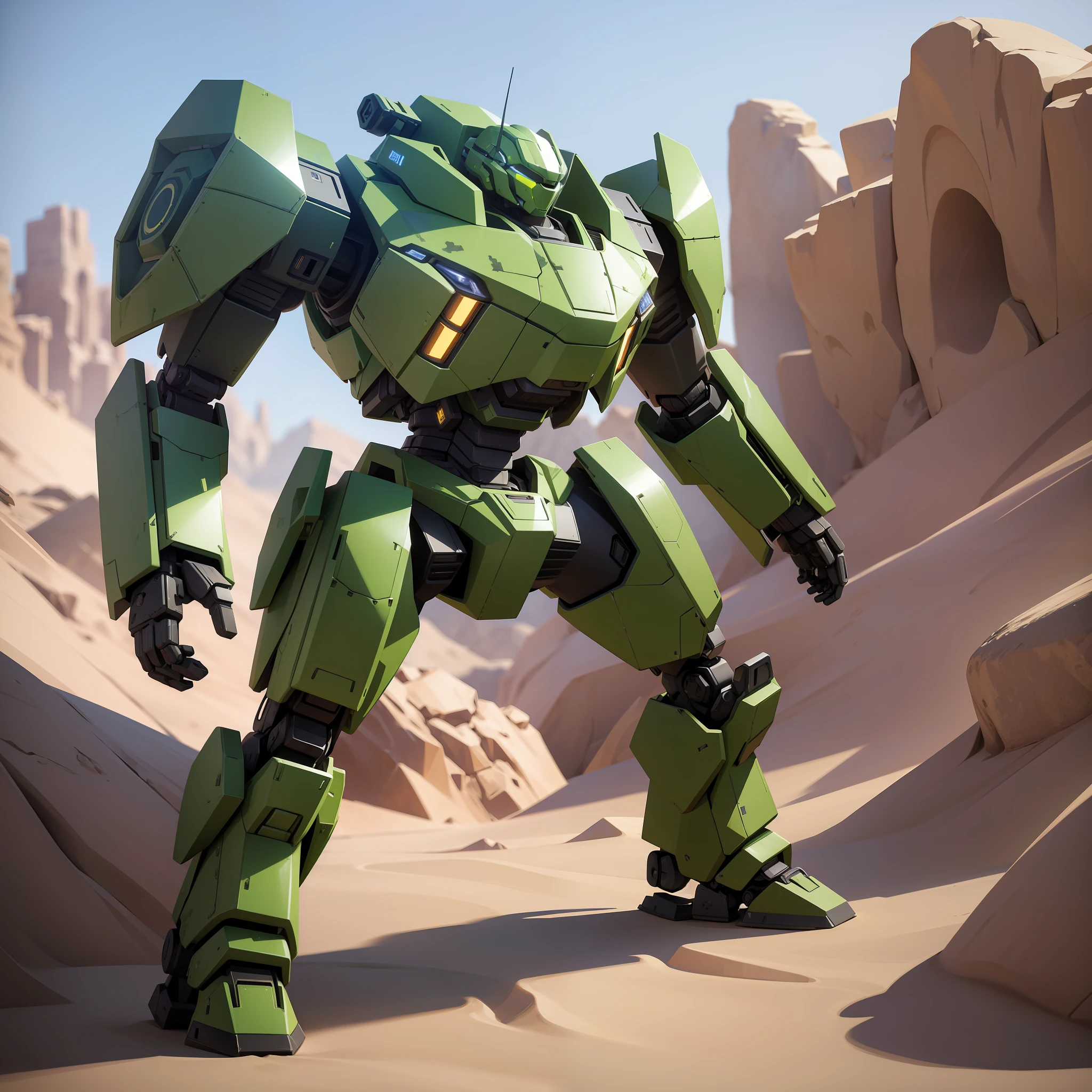 Bipedal armored robot, green camouflage paint design, brilliant colors, replaced with desert background, masterpiece, best quality, C4D, HD, 4K, stereoscopic viewing angle,