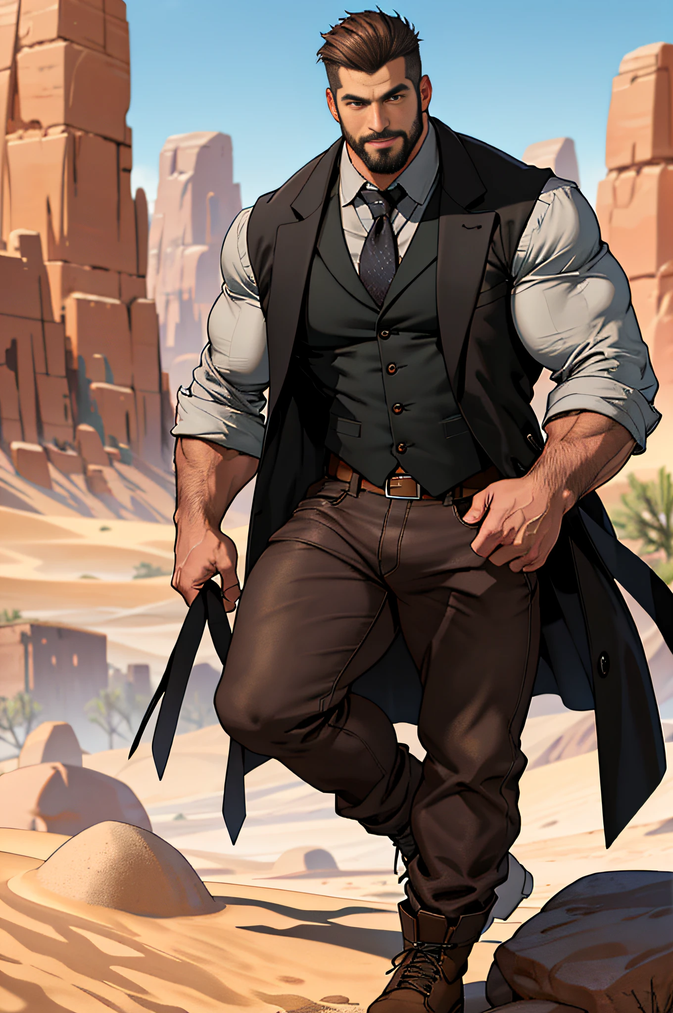 Mature man, best quality, brown jeans, wearing tall riding shoes, one foot on a stone, long handsome trench coat in black, dark gray vest (hole), bad, masterpiece, super high resolution, detailed background, reality, illustration, single, 1 boy, muscle man, beard, desert, desert, mountain, muscles, facial hair, volumetric lighting, depth of field, wheezing, raised crotch, handsome movements, big dynamics