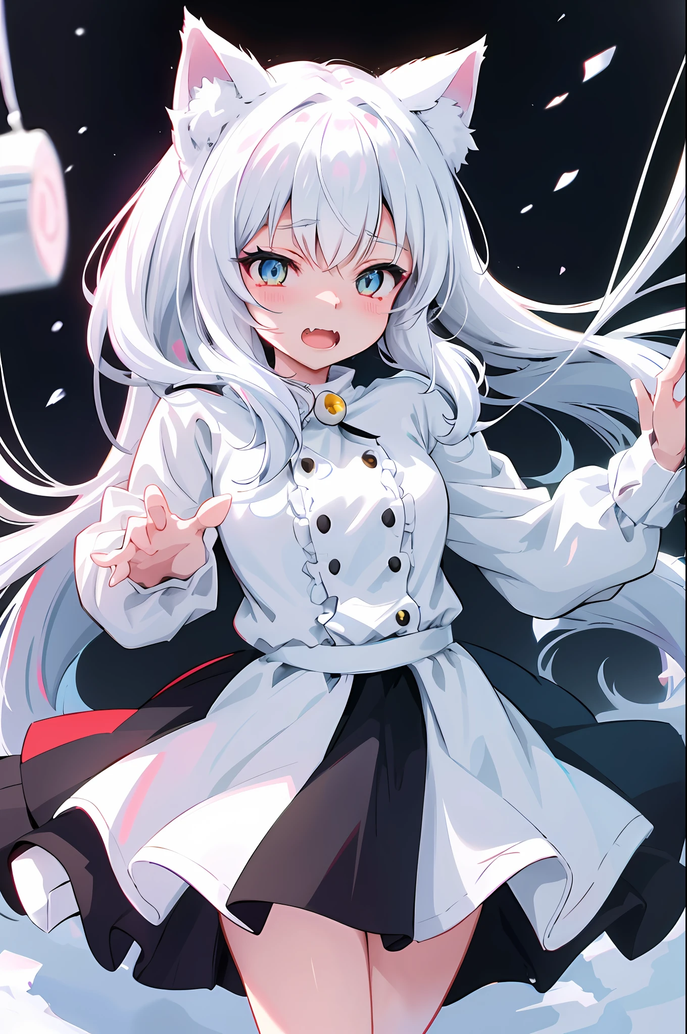 White Cat Girl, Cat Ears Anime Girl, Cute Style, Snow White Fur, White Cat Girl, Soft Illustration, Moe Cute Anime Catwoman, White Main Tone, (Highest Quality, Amazing Detail: 1.25), Cute Medium Tits, Open Mouth, Fangs Exposed, Volume Lighting, Best Shadow.