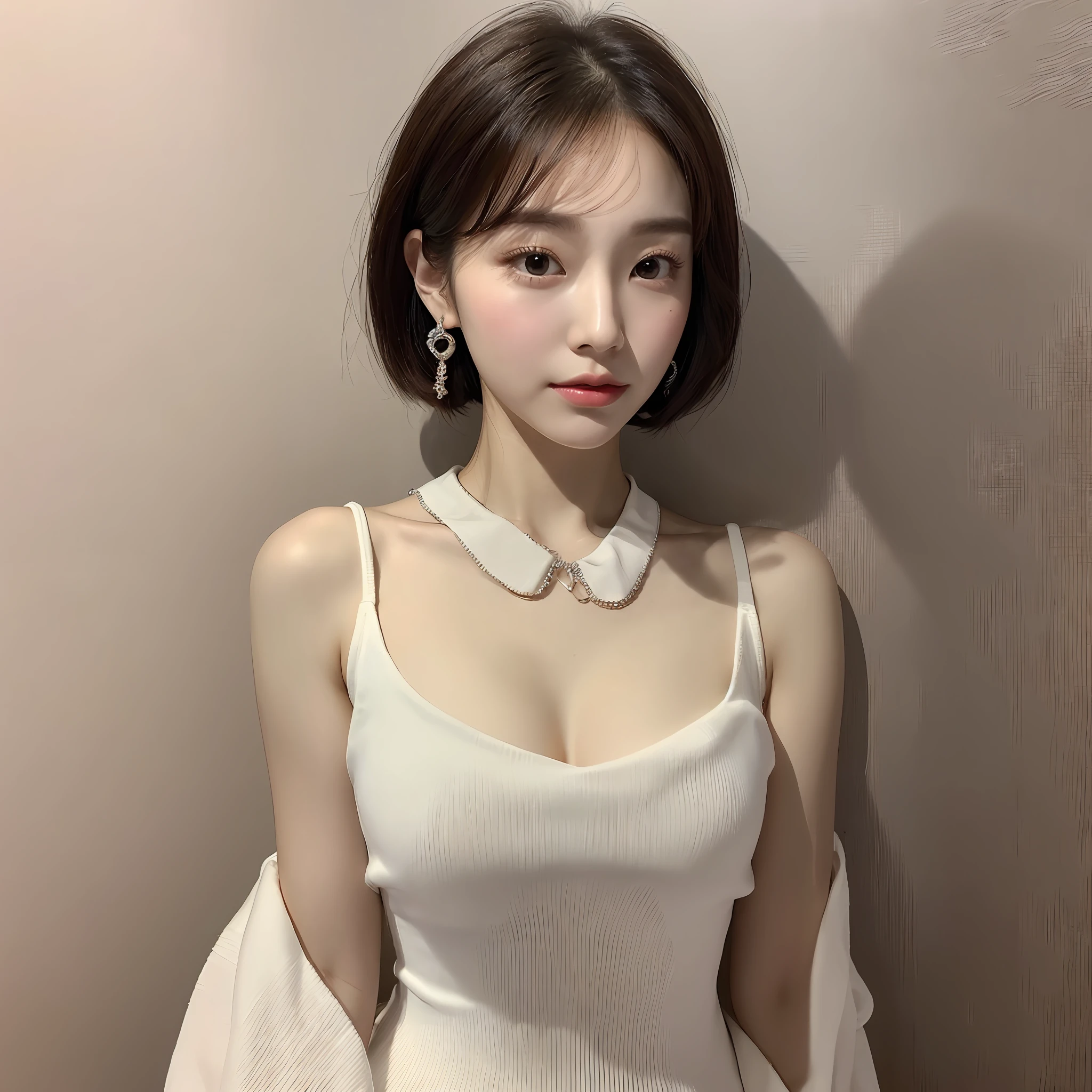 Close up of a woman with white top and earrings, gorgeous korean young woman, beautiful korean young woman, beautiful korean woman, korean girl, gorgeous chinese model, short hair, cute korean actress, young cute wan asian face, young cute korean face, korean woman, cute young woman --auto --s2